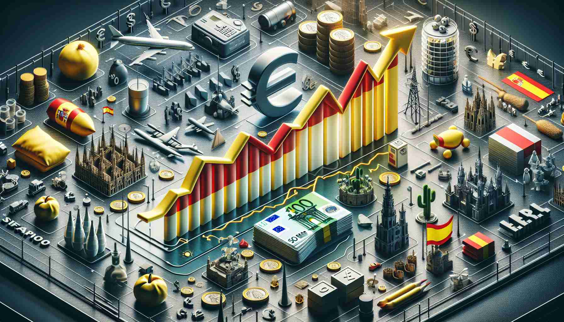 High resolution, realistic image illustrating the steady growth of Spain's economy in the latest quarter. The image should include a positive upward growth curve on a graph in the center, representing Spain's economic growth. Surround the graph with symbols or representations associated with the Spanish economy such as Euro currency signs, traditional industries like olive oil production and tourism, and modern sectors like renewable energy. Please keep it abstract and metaphorical, without including any specific individuals or public figures.