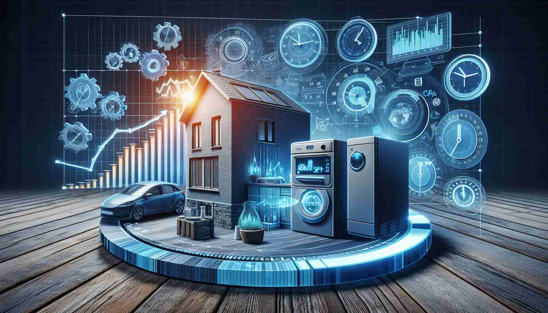 A detailed and realistic high-definition illustration demonstrating the concept of the impact of time on electricity costs in the current era. It can include a visual diagram or graph showing the fluctuating prices over various periods of time, most notably showing a trend of increasing costs. The setting can be a regular household environment, with domestic appliances in the background to emphasize the context. Include different time representations like clocks or calendars to further facilitate the understanding of the link between the passage of time and the cost of electricity.