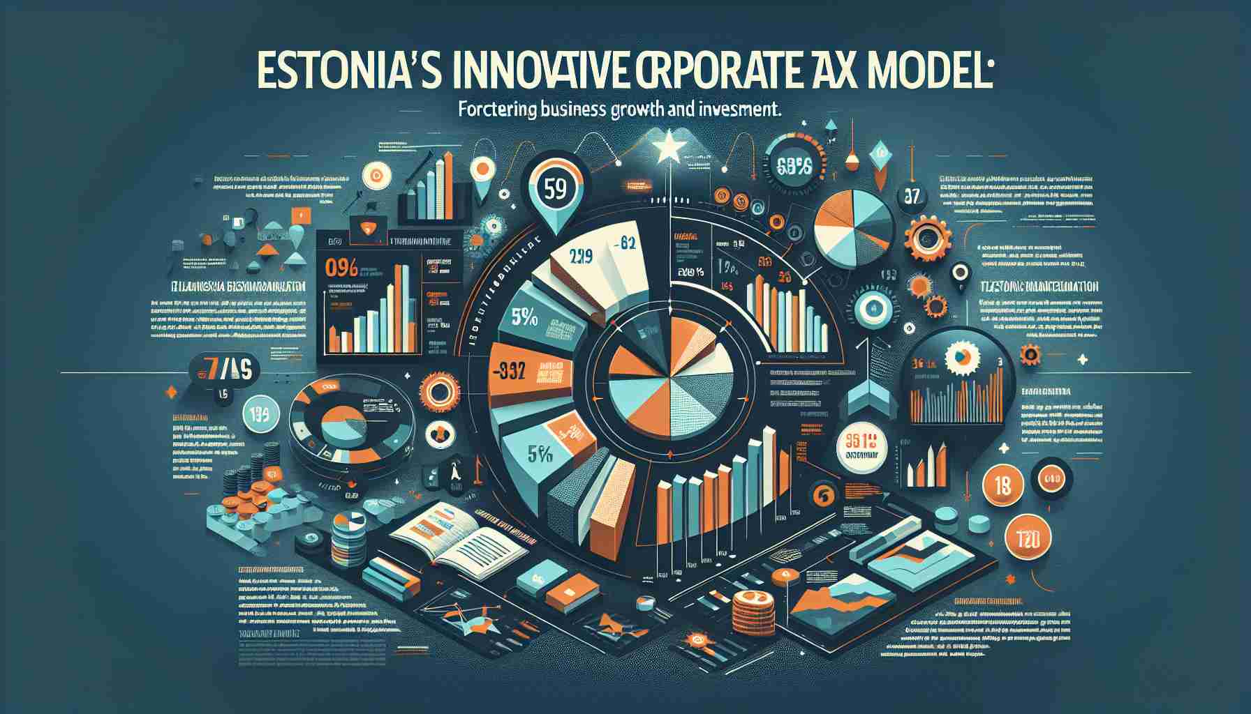 Visual representation of Estonia's Innovative Corporate Tax Model: Fostering Business Growth and Investment. The image should depict an infographic style illustration with elements denoting the facets of Estonia's Corporate Tax Model that drive business growth and encourage investment. Elements may include graphs, pie charts, or other visual data representations showcasing the innovative qualities of the model, all set against a dynamic and engaging backdrop. The overall layout of the image should be clean and organized, facilitating clear understanding of the subject matter.