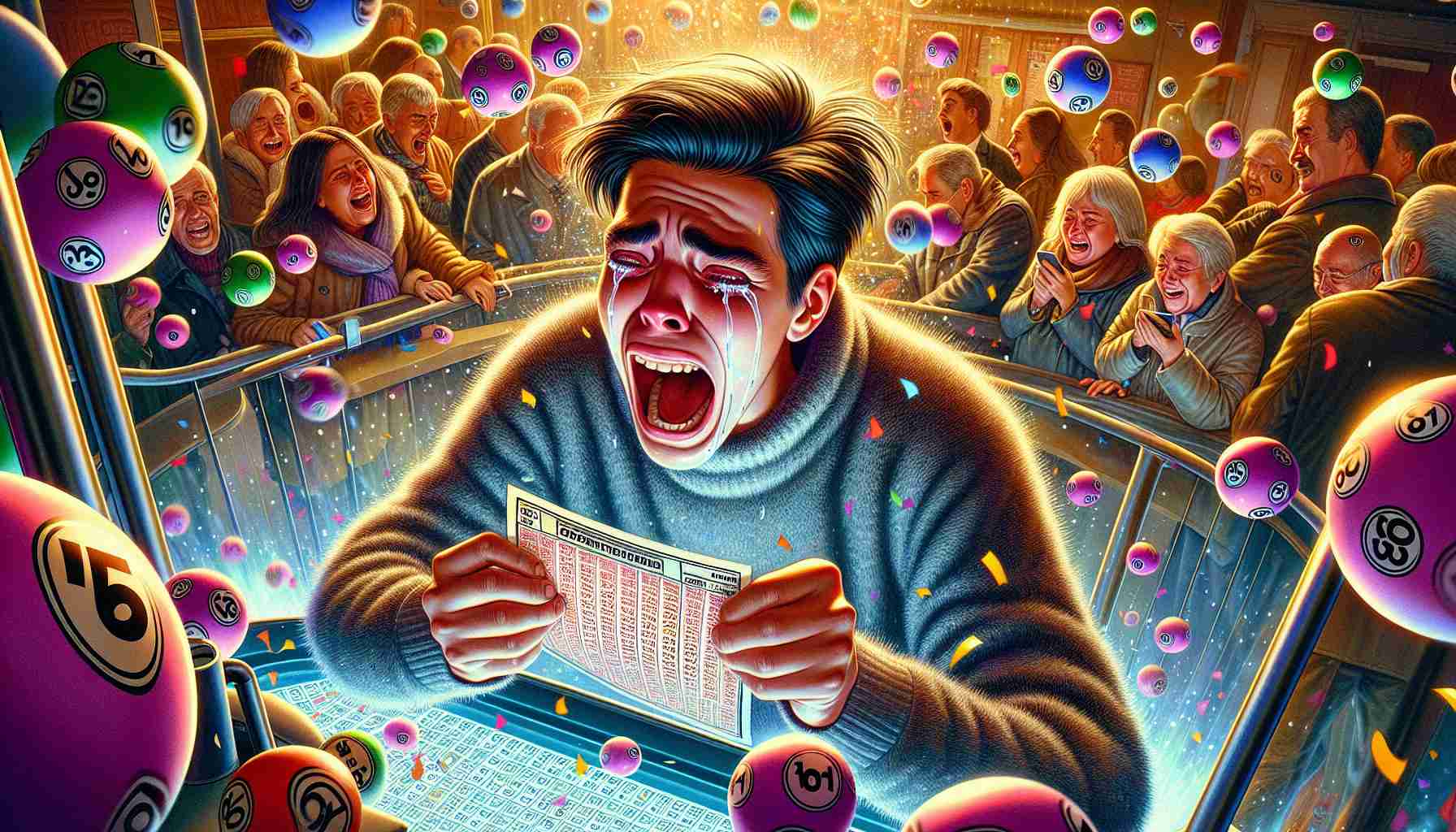 A highly detailed illustration of a thrilling moment where one fortunate individual, of Hispanic descent and non-binary gender, in Spain becomes the lucky winner of a significant prize in a local lottery draw, widely known as Primitiva. This image should capture the winner's ecstatic reaction, their teary eyes wide open in disbelief, clutching the winning ticket tightly. The background is a hustle and bustle scene filled with a multitude of vibrant lottery balls and celebratory confetti falling around.