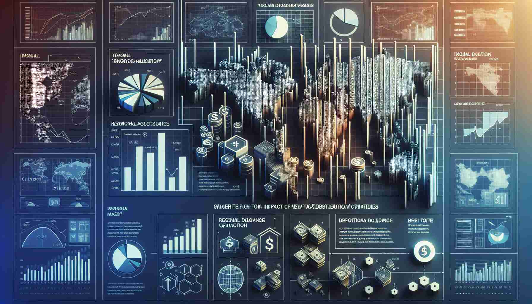 Generate a high-definition, realistic image that visually represents the impact of new tax distribution criteria on regional finances. The image might include various symbols, such as a bar chart showing changes in tax allocation, maps with regional boundaries shaded according to financial growth or decline, and brief text overlays describing key points. The style should be akin to that found in professional finance or economic reports.