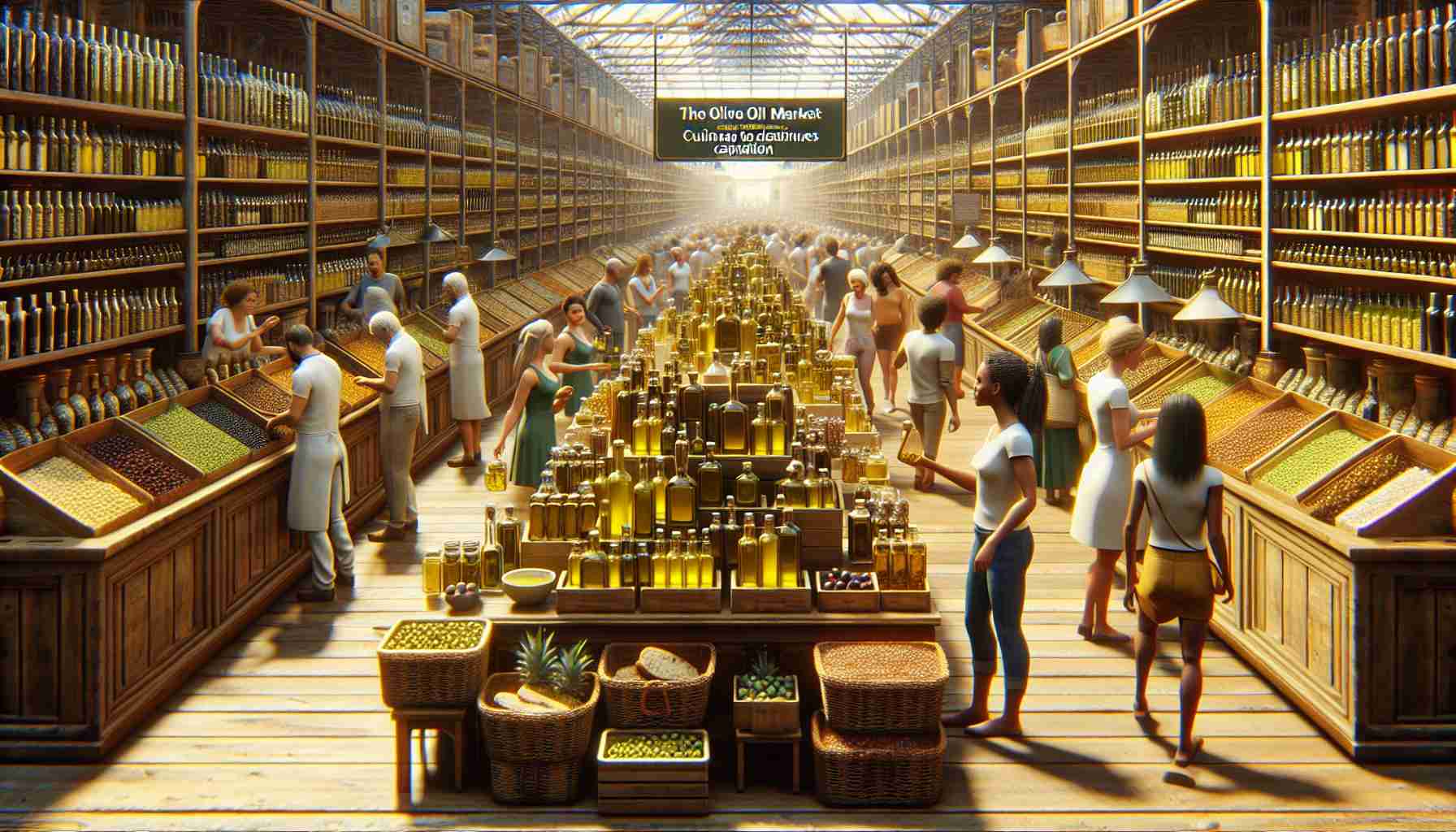 Generate a high-definition, realistic image of a bustling olive oil market. The market is filled with rows of wooden stalls, each displaying a wide variety of olive oil bottles, from crystal-clear to opaque, each filled with olive oil ranging in colors from golden yellow to green. There are customers of diverse descents such as Caucasian, Black, Hispanic and South Asian, all intrigued by the different products. They are engaged in conversations with the vendors, tasting her samples of the olive oil on crusty bread. Above the market, a bold sign reads: 'The Olive Oil Market: A Culinary Delight Continues to Capture Attention'