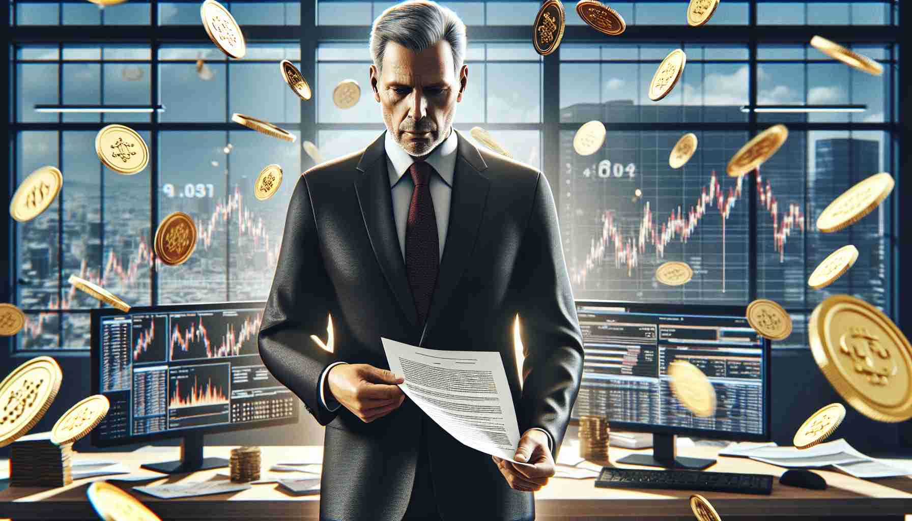 An HD photo-realistic image of an important administrative figure stepping down amid changes in the financial stability industry. This individual, a Caucasian male in his late fifties wearing professional attire, holds official documents in his hand. The background suggests an office environment filled with symbols of finance, such as shiny gold coins and financial charts on multiple computer screens. Emotions of solemnity fill the air as he takes his final steps in his current position, preparing for the industry-wide changes that are to follow.