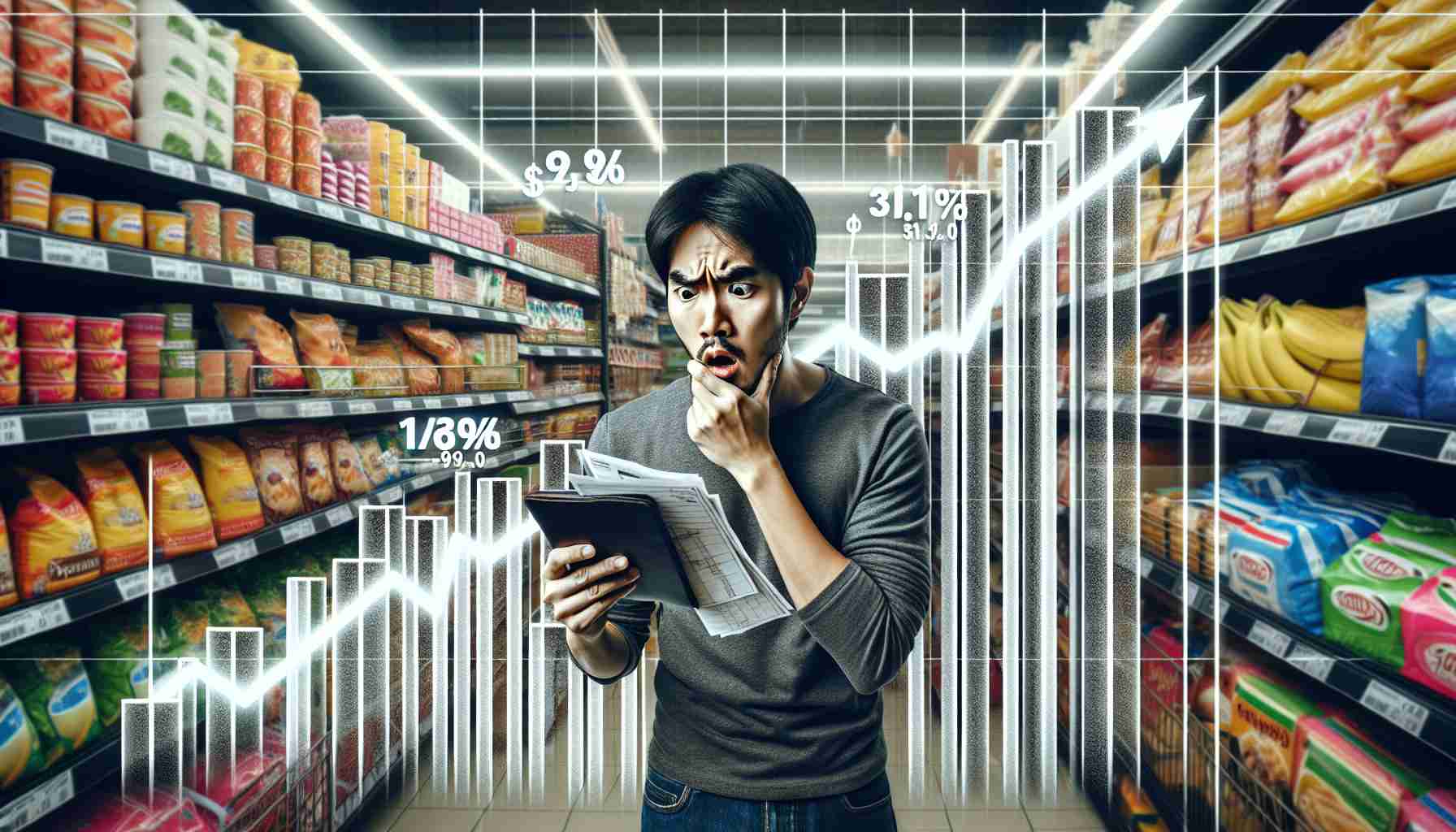 An accurate and high-definition representation of the effect of increased inflation rates on consumer spending. Feature a customer in a grocery store looking at the significantly increased price tags of essential goods, with a bar graph in the background that symbolizes the ascending inflation rates. The consumer is Asian and male, displaying shock and concern. The store contains an array of products such as food items, electronics, and clothing. The image should showcase the harsh economic reality in a vivid and impactful way.