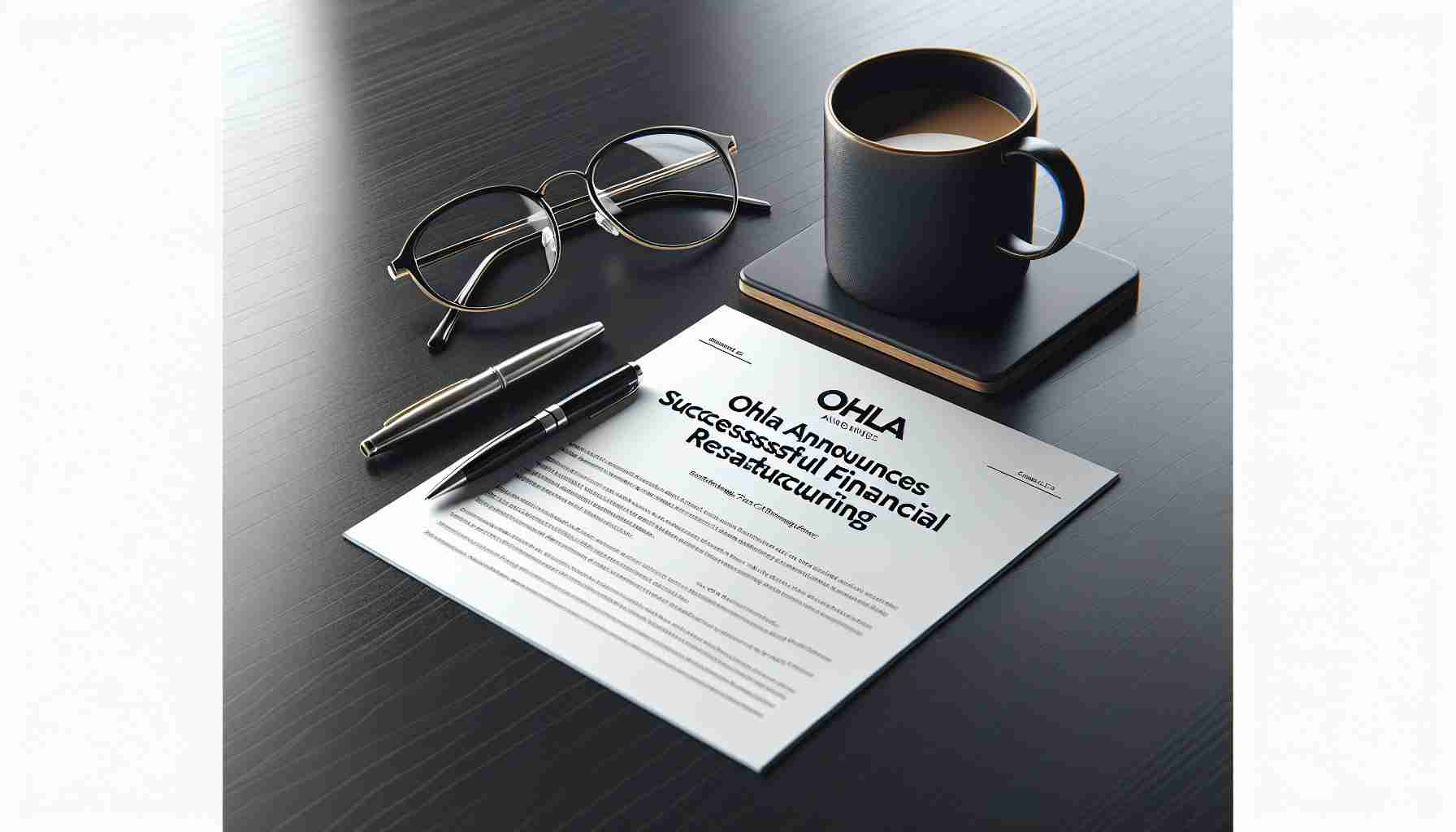 Create a high-definition, realistic image of a press release stating, 'Ohla announces successful financial restructuring.' The image should feature the press release on a sleek, modern desk with a coffee mug, a stylish pen, and reading glasses adjacent. The press release paper should be white with black formal text, the coffee mug ceramic in a deep navy blue, the pen metallic silver and the glasses with a thin, polished black frame. The desk itself should have a sleek, dark wooden finish.