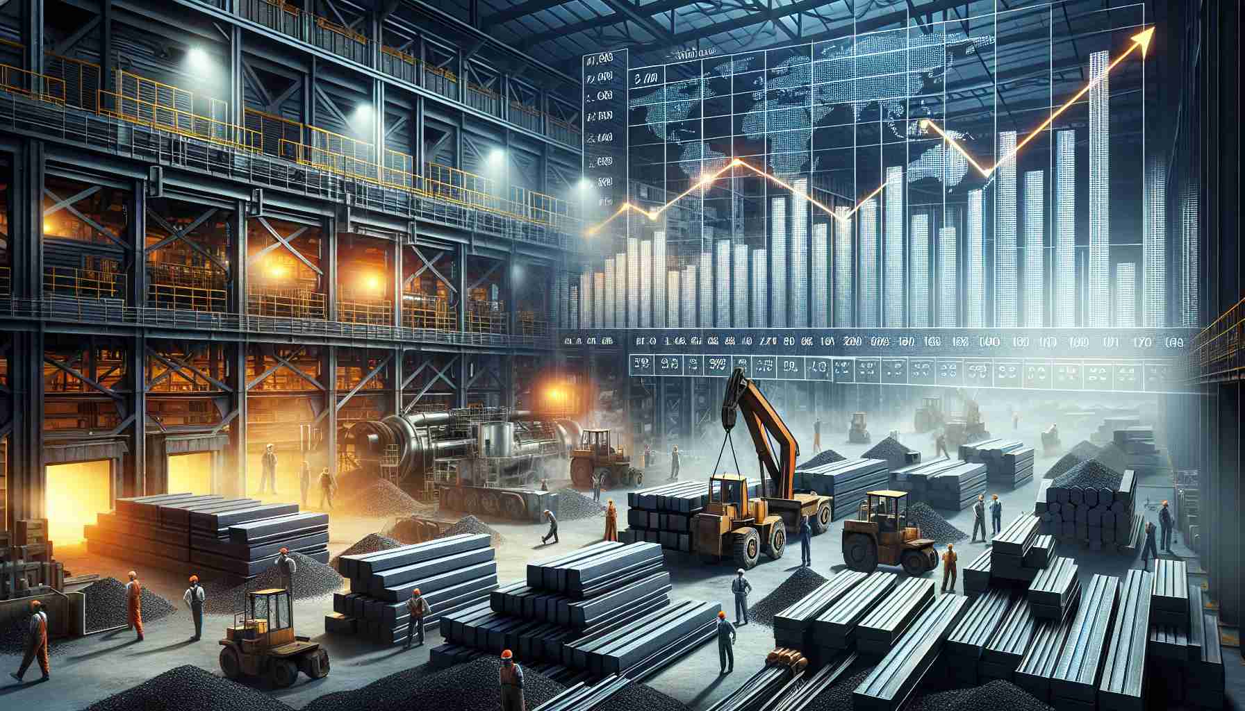 Realistic, high-definition image capturing the essence of the Chinese steel industry, showcasing stock replenishments causing an increase in iron ore prices. The scene includes bustling industry activity, stacked iron bars or plates at a steel manufacturing plant, workers in safety gear, machinery, and a representation of rising stock prices in the background through bar charts or line graphs. Please maintain a balance between the industrial activity and the concept of financial market dynamics.