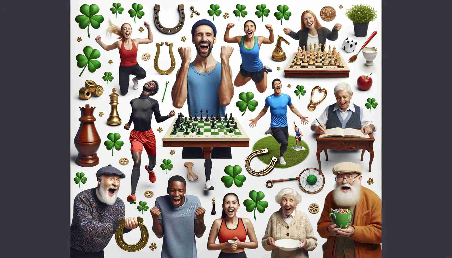 Create a realistic, high-definition image representative of the phrase 'Fortune Smiles on Unexpected Winners.' It could include various symbols of good fortune such as four-leaf clovers, horseshoes, or lucky charms. Also include a diverse group of people, consisting of a Middle-Eastern man, a Black woman, a South-Asian young man, and a Caucasian elderly woman, expressing joy and surprise while pursuing various activities. They could be celebrating their victories in a game of chess, finishing a marathon race, solving a difficult mathematical problem, and finding a rare artifact in an antique store respectively.