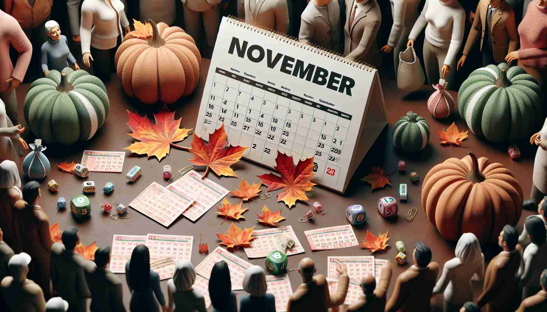 A realistic, high-definition photograph of an engaging scene representing the excitement and anticipation of November lotteries. Possibly featuring a calendar with 'November' prominently displayed, lottery tickets scattered across a table, a lucky charm, vibrant fall leaves indicating the month, and perhaps a diverse group of people eagerly waiting with hope in their eyes, representing a range of global descents and both genders.