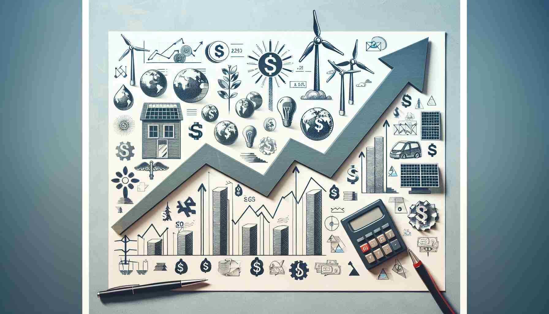 Create a detailed image that illustrates the concept of rising costs and shifts in energy affecting consumer electricity bills. It can include various symbolic items such as ascending graphs, images of different energy sources like solar panels and wind turbines, and electricity bills with an upward arrow indicating increased costs. This image should be in high definition and as realistic as possible.