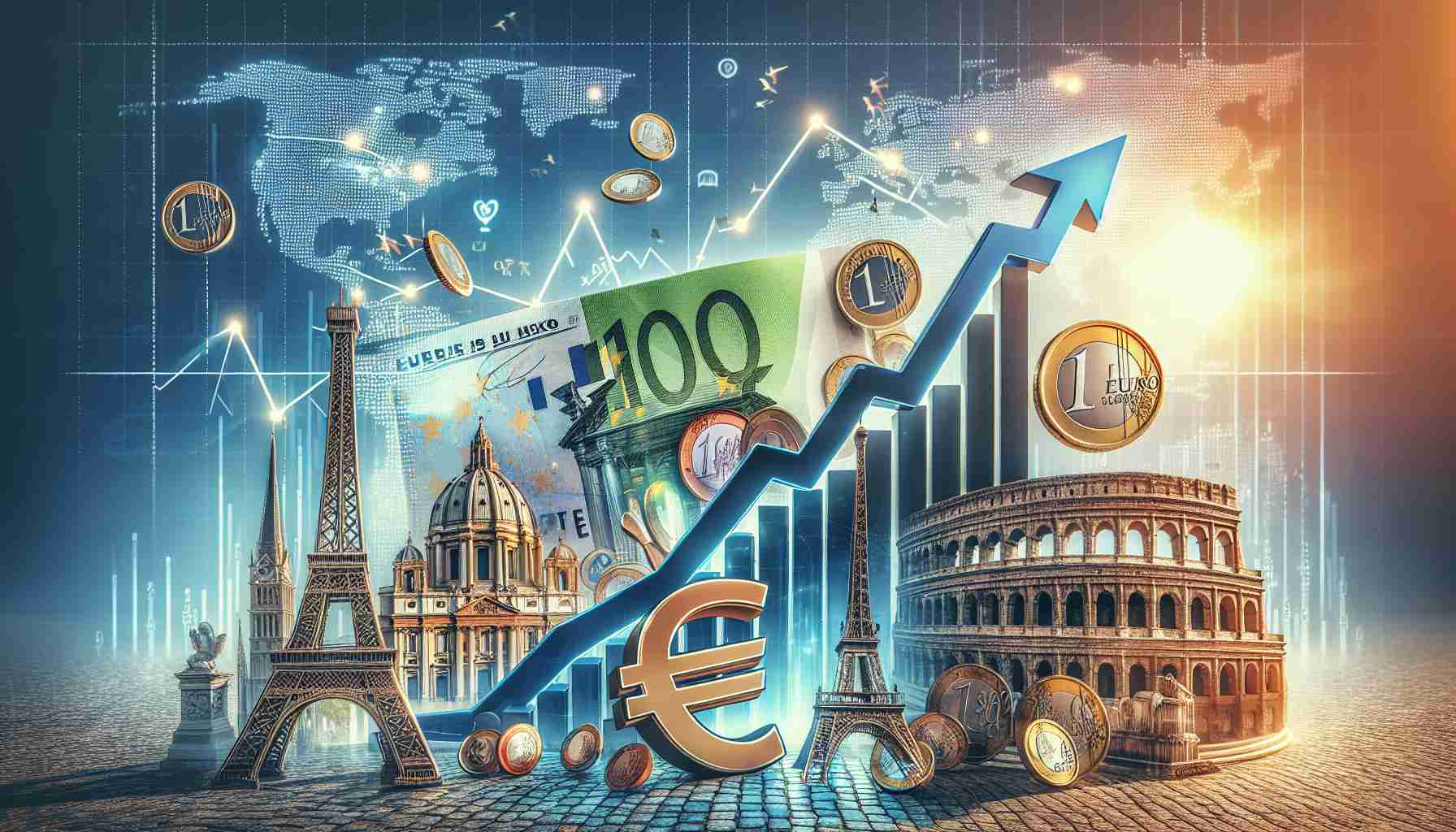 Create an HD photo depicting the concept of a surge in European stock markets. The photo should be realistic in nature. Visualize a graph chart with an upward trend alongside symbolic icons of the Euro currency and well-known European landmarks such as the Eiffel Tower or the Colosseum. Infuse the imagery with a sense of optimism, growth and prosperity.