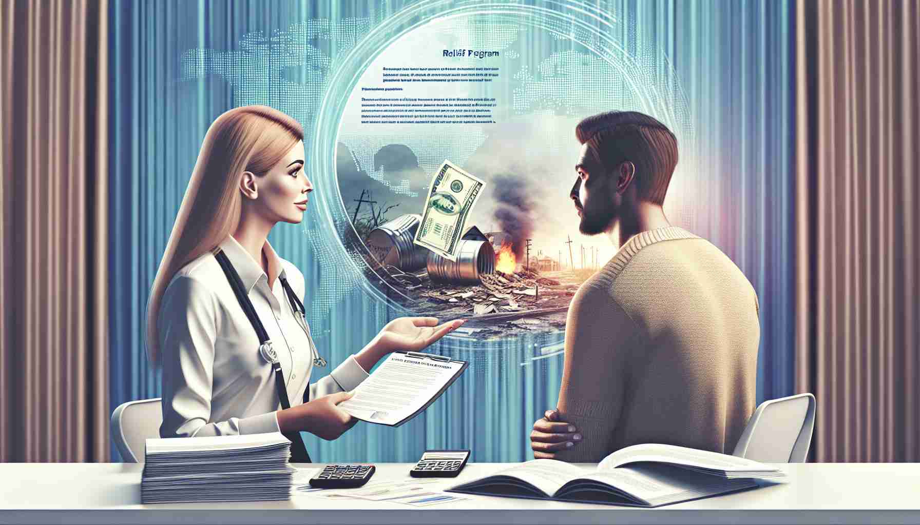 A high-definition, realistic representation of financial aid made available for recovery from natural disasters. The image should convey a sense of hope and relief for people impacted by such events. It could include depiction of a caring, Caucasian female bank representative explaining the aid program to a South Asian male who has suffered losses due to a natural disaster. Include visuals of brochures explaining the aid program, calculators symbolising financial planning, relief fund boxes, and the bank's emblem in the background. The overall tone should be optimistic and reassuring.