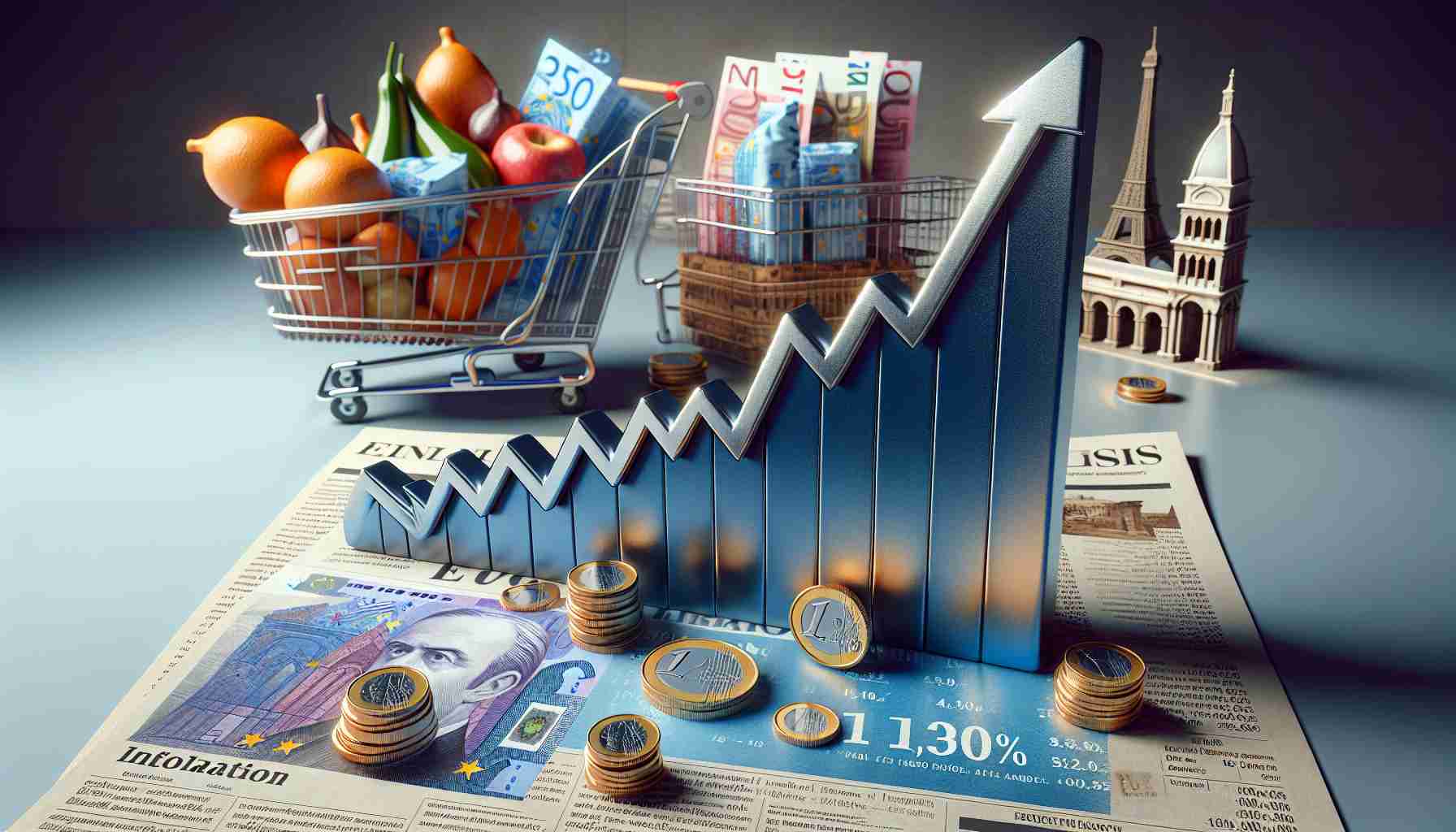 A high-definition, realistic image representing inflation surge in the Eurozone. Depict a graph increasing sharply, symbolizing the rise of consumer prices. The graph is placed on a financial newspaper backdrop, emphasizing recent economic news. Scattered on the table are euro banknotes and coins, representative of the affected currency. Also include a shopping cart filled with groceries, indicating the impact on consumers. In the background, subtly illustrate iconic European landmarks like the Eiffel tower, the Colosseum, and the Parthenon to signify the Eurozone.