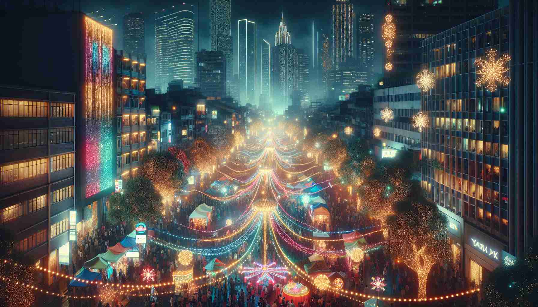 High definition, realistic image of a vibrant festival in a city during the night. The festival, known as The Sparkling Starlight Festival, is a spectacle of lights illuminating the dark urban scene. Bright, multi-colored fairy lights zigzag above busy streets as people of diverse descents and genders explore stalls and attractions. Glittering decorations adorn shops and trees, and the cityscape is bathed in a mystical glow. In the background, towering skyscrapers echo the festival's radiance, their windows twinkling in synchrony with the festival lights.