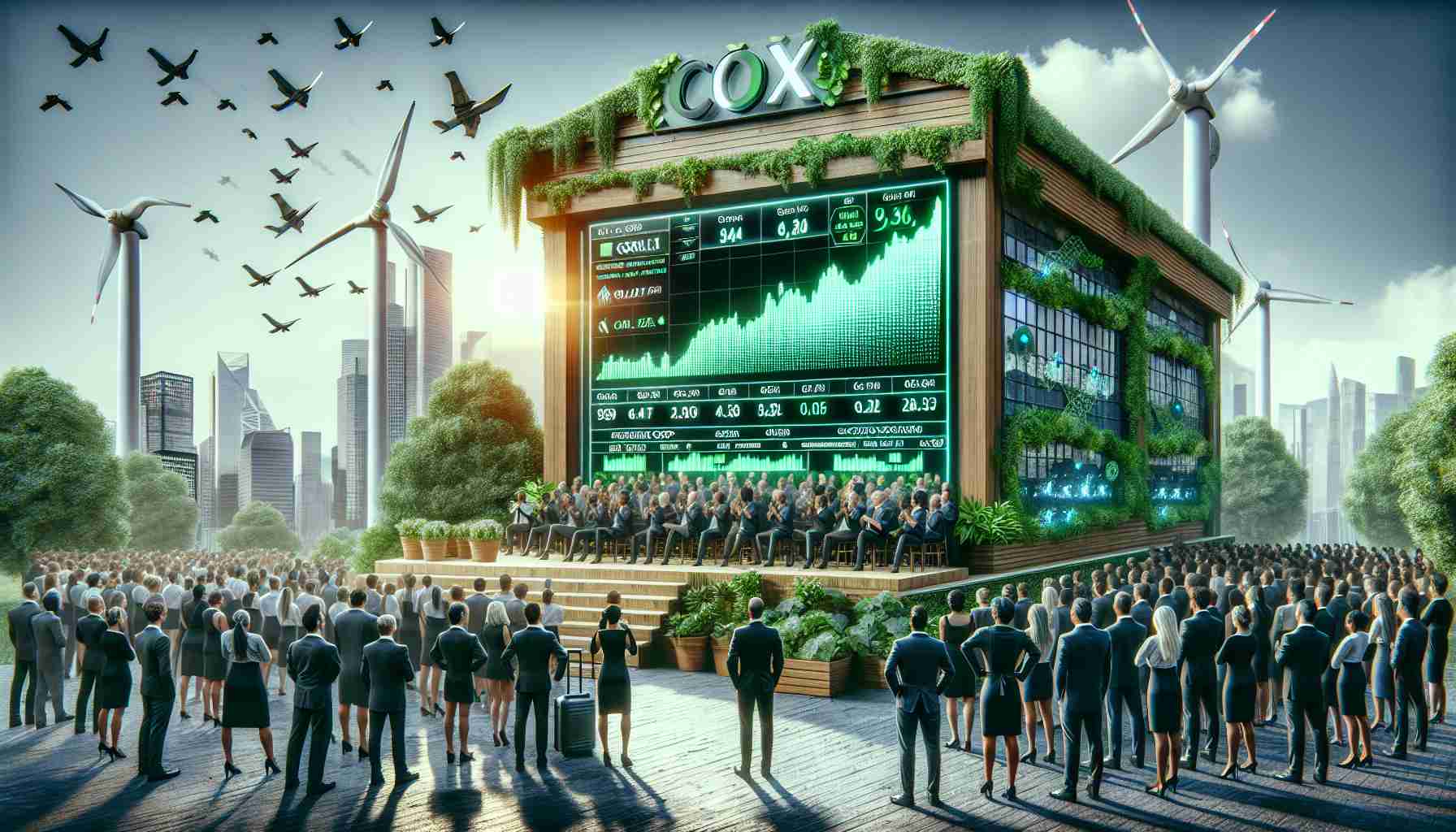 A high-quality realistic photo representing the concept of sustainable living. Imagine a scene where the Cox Group is making a debut on the stock market. The scene includes a large building with a sign for Cox Group, and a crowd of diverse people, including a black woman and a Middle-Eastern man, dressed in formal wear, watching a digital screen displaying green tickers and graphs. There could be elements such as solar panels, wind turbines, and green plants all around to symbolize the 'sustainable living'. The atmosphere is bustling and charged with excitement.