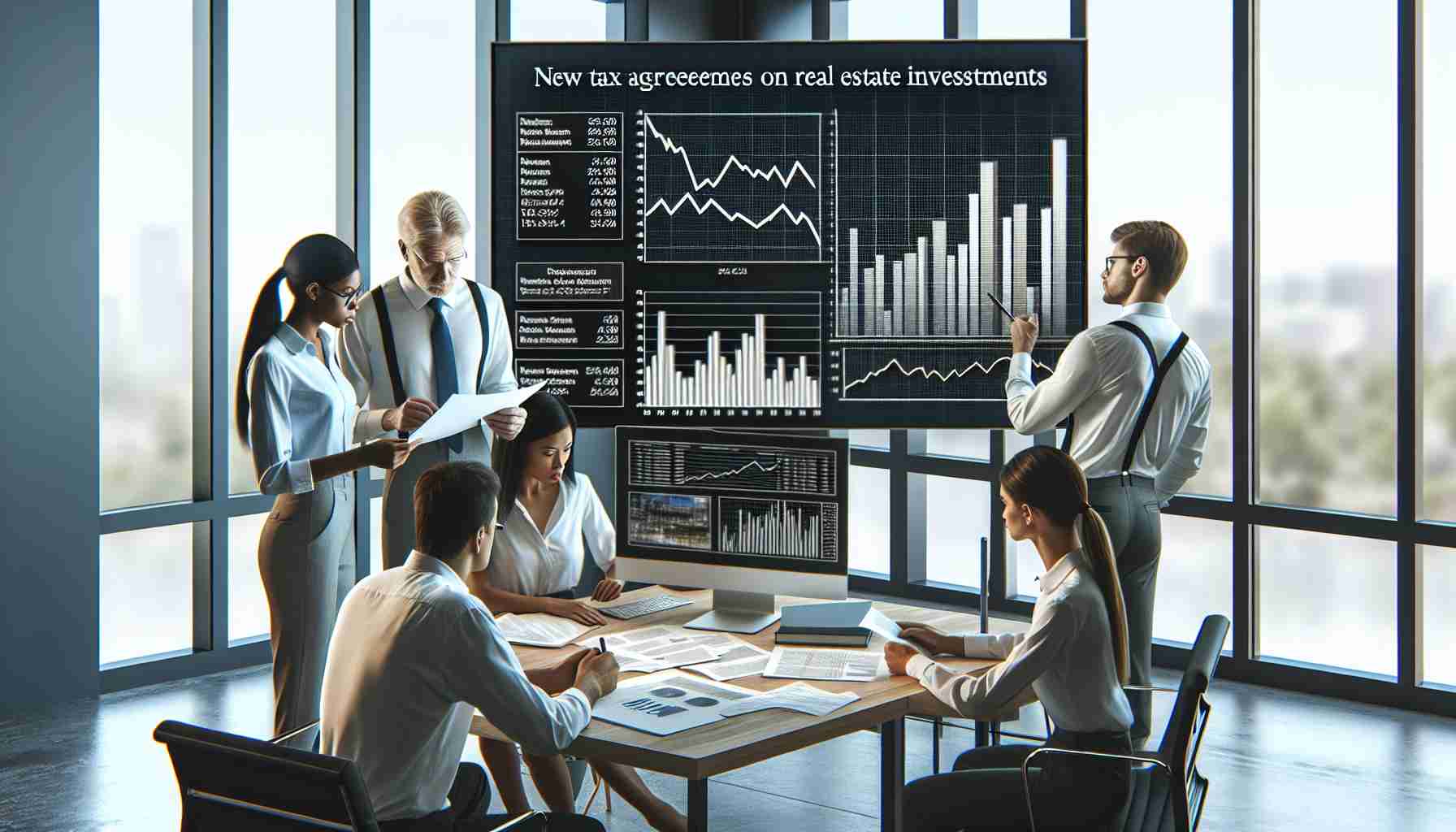 A high-definition, realistic representation of the impact of new tax agreements on real estate investment companies. This could be illustrated by an office scene wherein multiracial professionals are carefully examining and discussing documents related to new tax legislation. Nearby, there could be a computer screen displaying graphs and figures that indicate changes in investment returns or profitability due to the new tax agreements. The office environment should exhibit expressions of focus and concern, suggesting the importance of these changes in the real estate investment landscape.