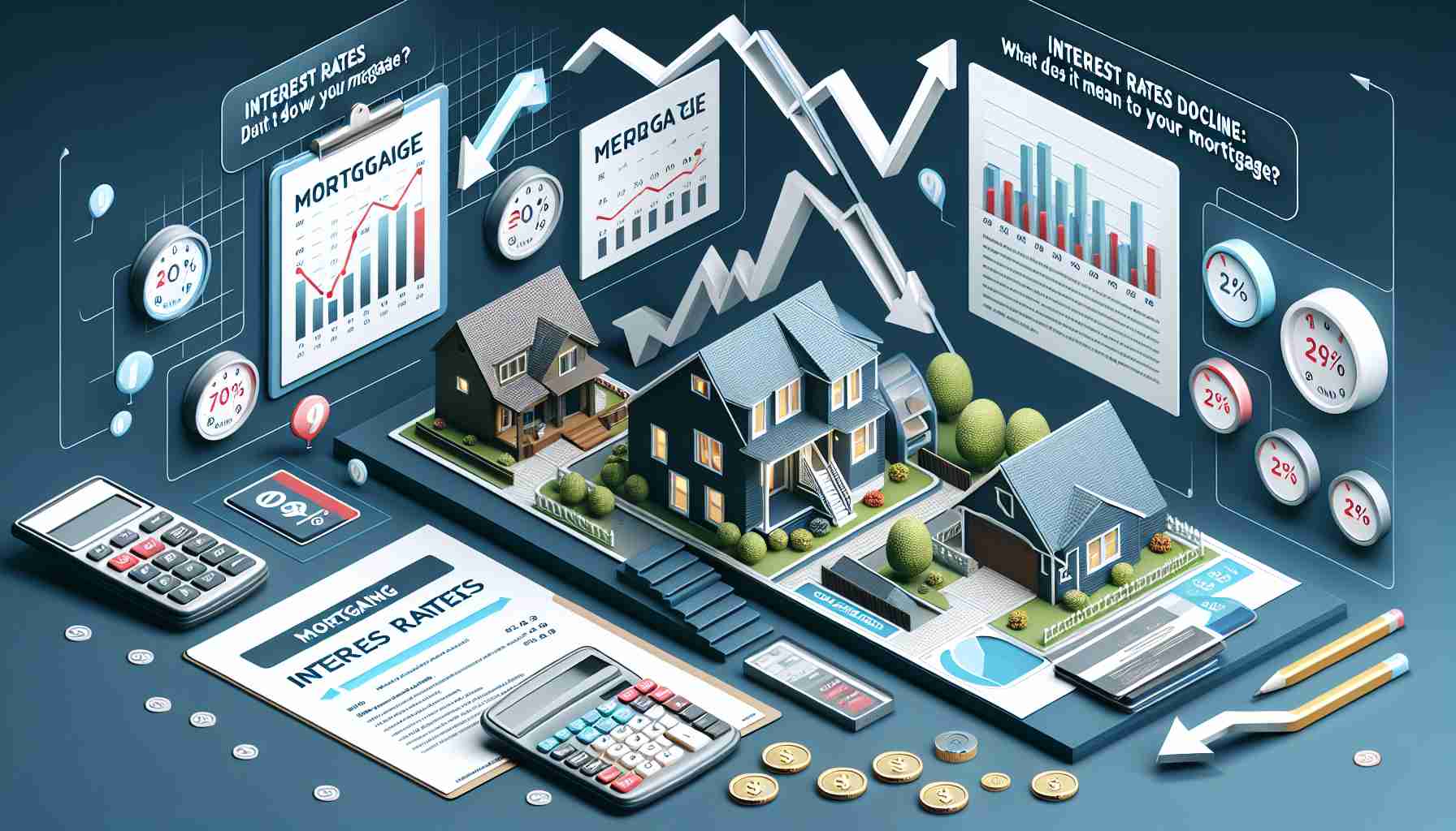 An infographic explaining the impact of declining interest rates on mortgages. The graphic includes features such as a housing market, perhaps some homes with price tags, downwards-pointing arrows indicating decreasing interest rates, and a calculator or spreadsheet to symbolize mortgage payments. There is also a text title saying 'Interest Rates Decline: What Does It Mean for Your Mortgage?'. Everything is illustrated in a realistic HD style.