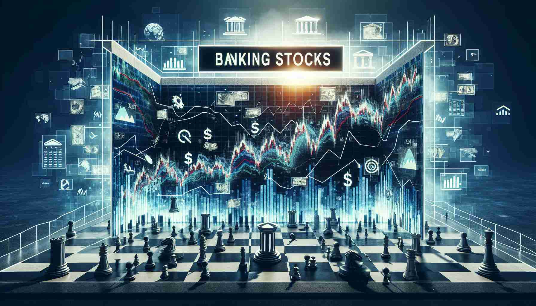 Visualize an illustration that represents the concept of banking stocks experiencing volatility amidst market fluctuations. Picture a dramatic stock market graph filled with peaks and valleys to symbolize the volatility. The name 'Banking Stocks' written on a digital billboard overhead. This can be surrounded by symbols of banks and stocks, such as a bank building, stock ticker tape, and various financial icons. Make the atmosphere feel dynamic and hectic, with brokers depicted as pieces on a chessboard, maneuvering amidst the chaos. However, ensure that the image is clear, sharp, with high definition realism.