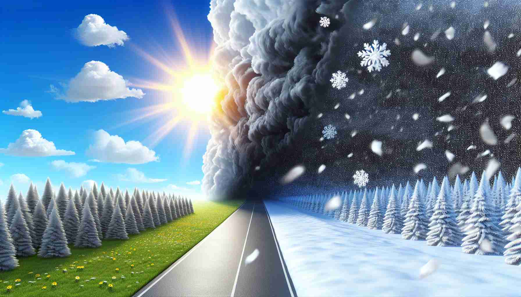 A realistic, high definition image depicting a dramatic change in weather conditions. The scene should include a bright, sunny day on the left side, contrasting with a dark, snowy storm gradually taking over on the right side. The sky should transition from clear blue to a somber grey filled with heavy snow clouds. White snowflakes should be visibly falling towards the ground on the stormy side. A playful text overlay in bold, eye-catching typography at the top of the image should say 'Get Ready for the Weather Shake-Up! Snow is Coming Your Way!'