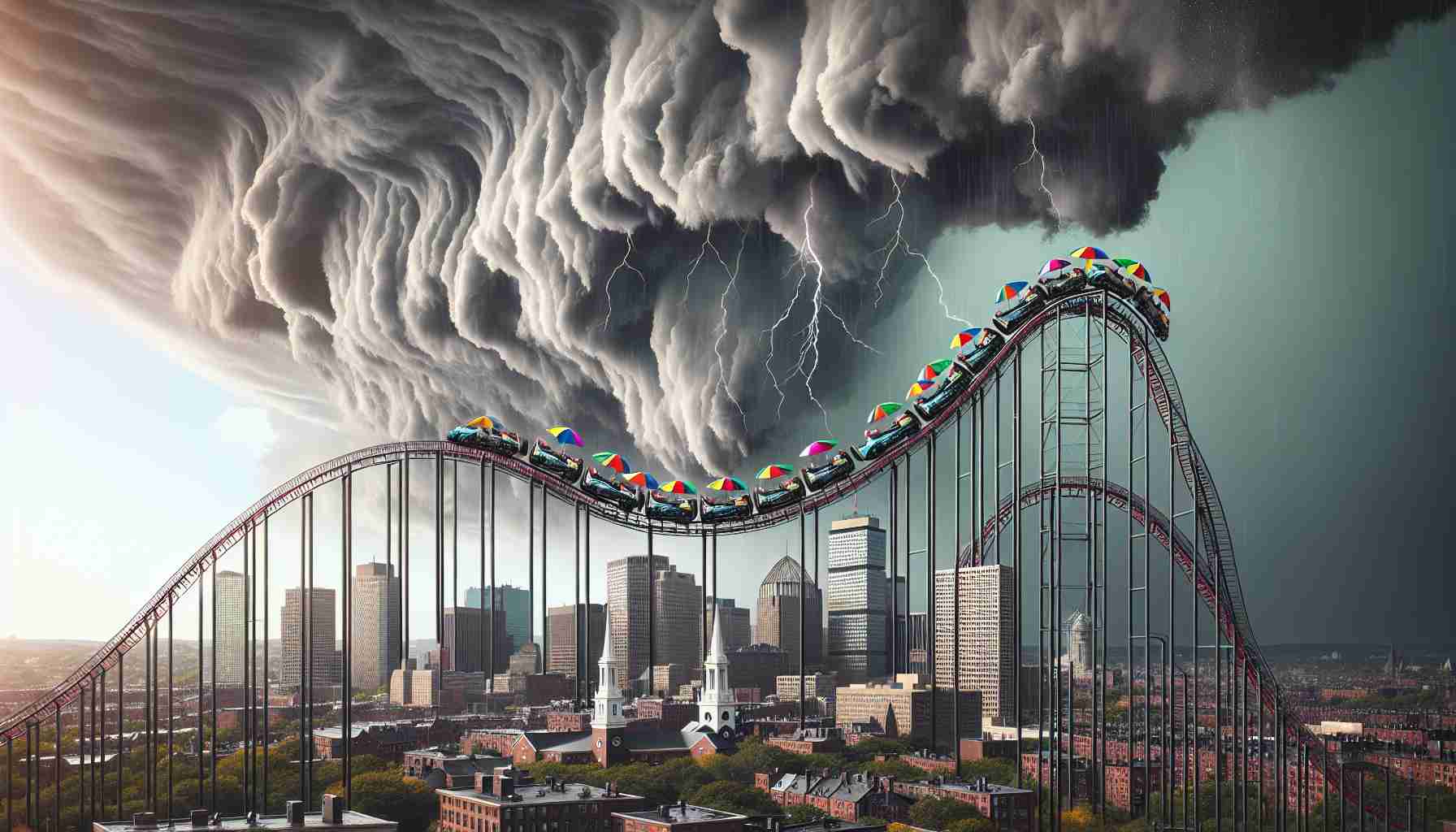 Create a realistic high-definition image depicting a metaphorical scenario for 'Brace Yourself, Boston! A Rollercoaster of Wet Weather Awaits!'. Imagine an abstract rollercoaster over the skyline of Boston, suggestively arching through ominous storm clouds, signifying upcoming wet weather. The city's notable architecture of skyscrapers and historical buildings can be subtly seen beneath the gray, brooding sky. The scene also shows a few resilient locals bracing themselves, holding up colored umbrellas and wearing waterproof jackets, offering a splash of color against the predominantly gray scene.