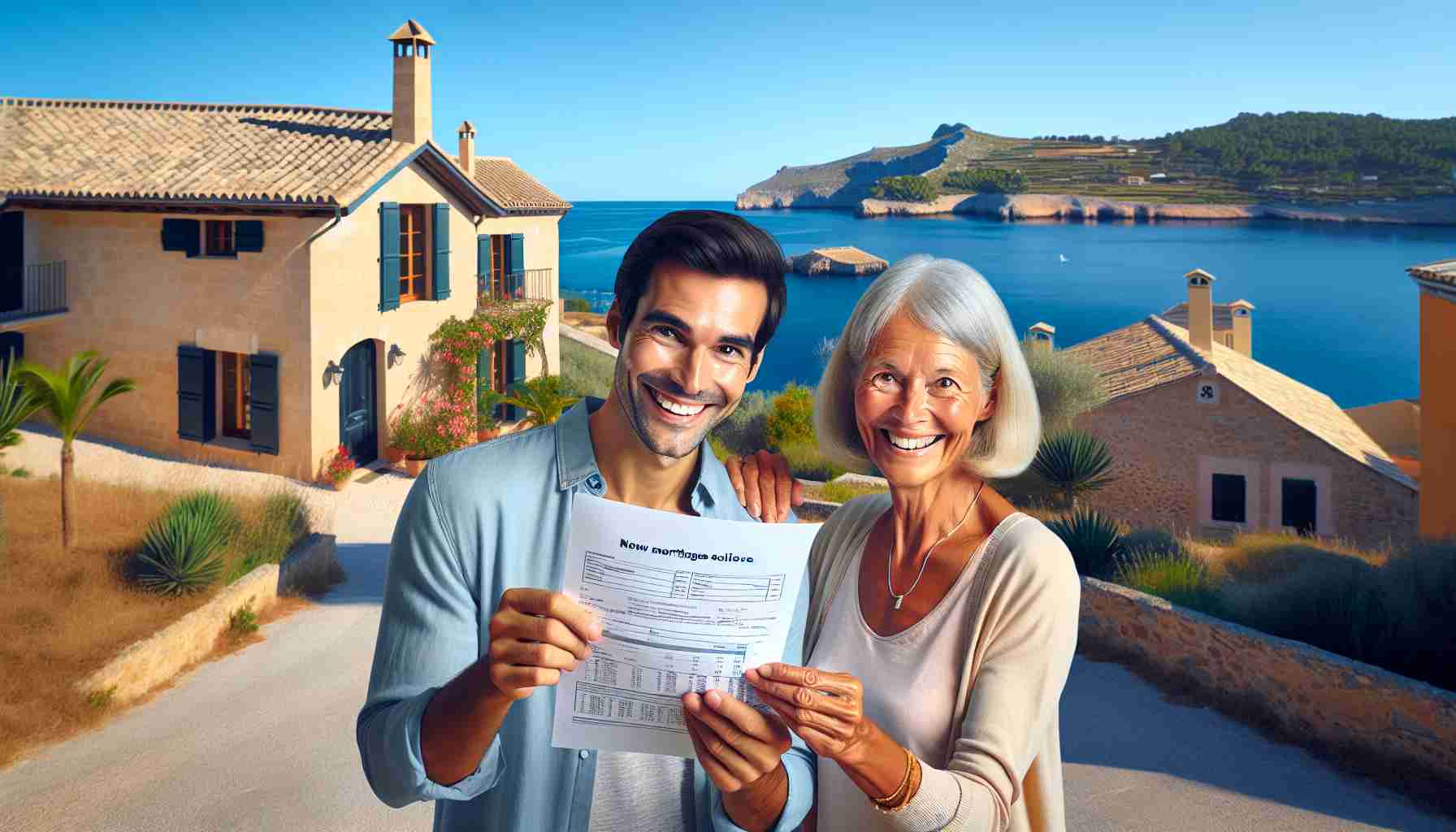 An ultra-high-definition, realistic photograph that illustrates the newfound financial relief experienced by homeowners in the Balearic Islands due to new mortgage savings. The image may depict cheerful homeowners, perhaps a couple of different descents such as a South Asian woman and a Middle-Eastern man, outside their picturesque island home with the Balearic sea in the background. Imaginable elements would include expressions of joy and relief on their faces, the couple holding mortgage documents indicating reduced rates, a traditional Balearic style house with pristine landscaping around.