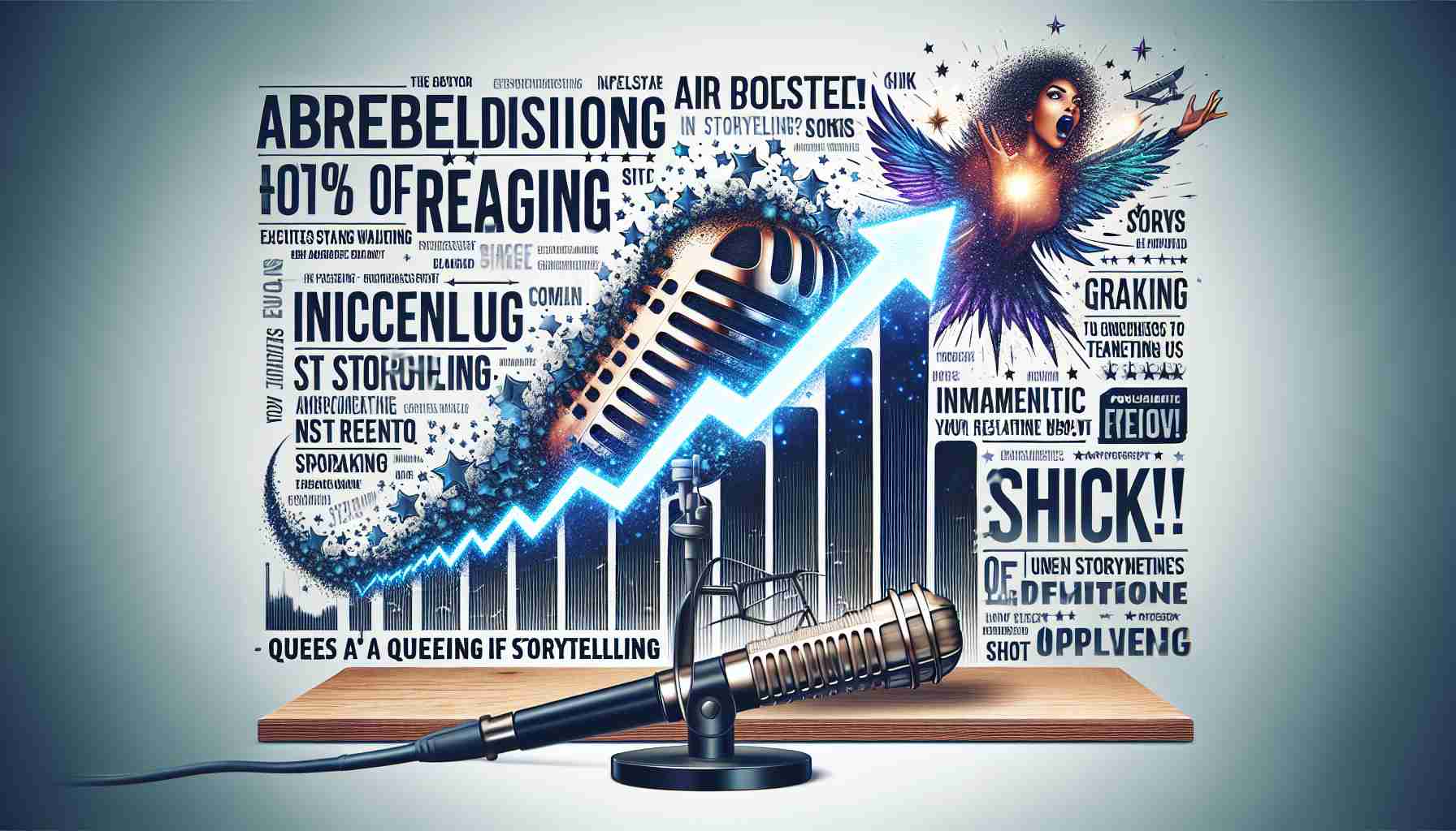 Create a detailed, high-definition image of a podcast achieving great success in the charts, symbolized by a dramatic ascent of a digital bar graph. The podcast is hosted by a charismatic woman who is recently regarded as an emerging queen of storytelling. Important elements to include: a close-up of a microphone, a logo of an imaginary podcast, and big, bold headlines expressing shock and admiration about this new talent in storytelling.