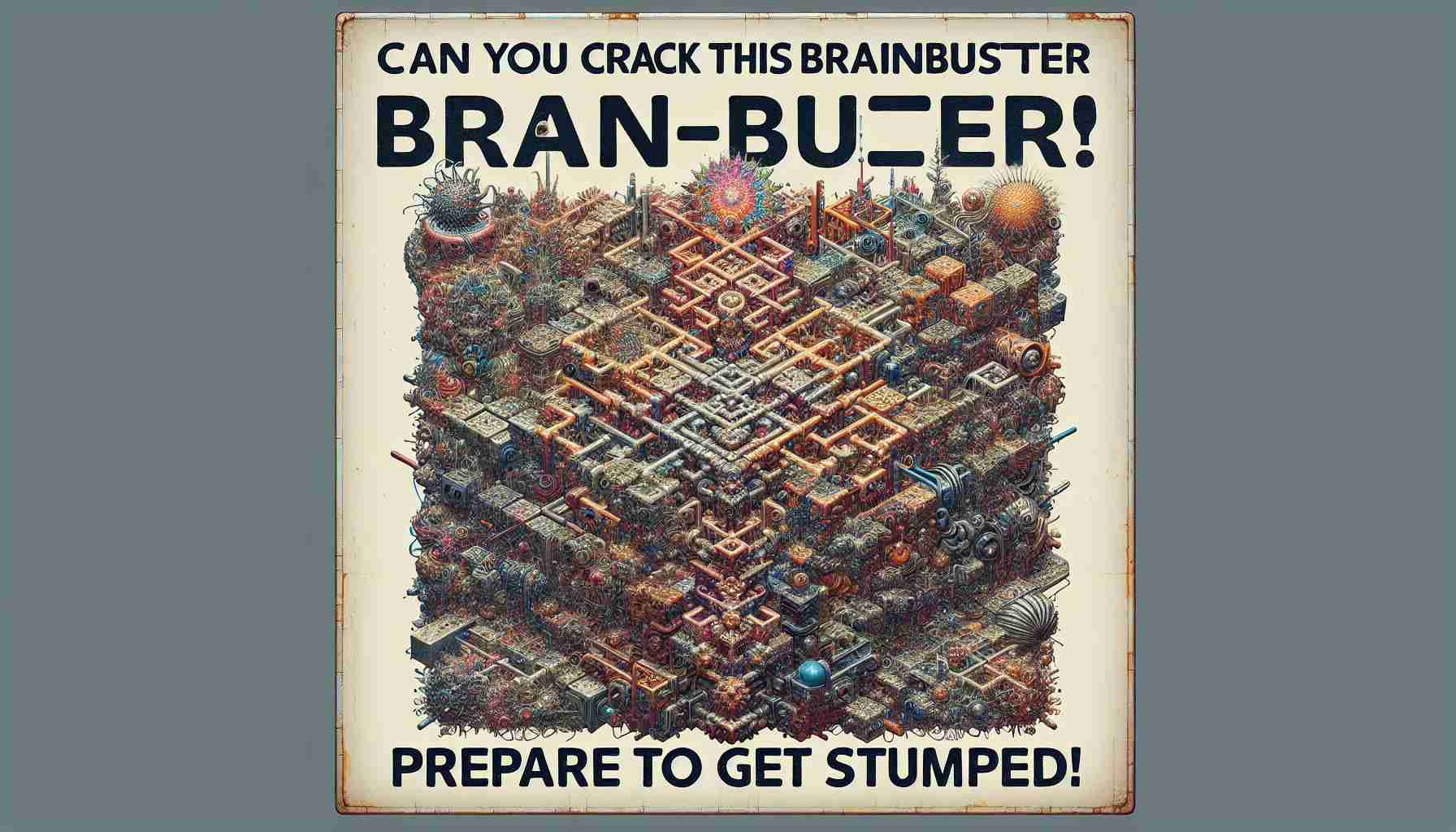 A high resolution image of a complex, mind-boggling brain-buster puzzle. The elements of the puzzle have been arranged in such a way that they are both visually arresting and challenging to solve, with text overlaying the image that reads, 'Can You Crack This Brain-Buster? Prepare to Get Stumped!'