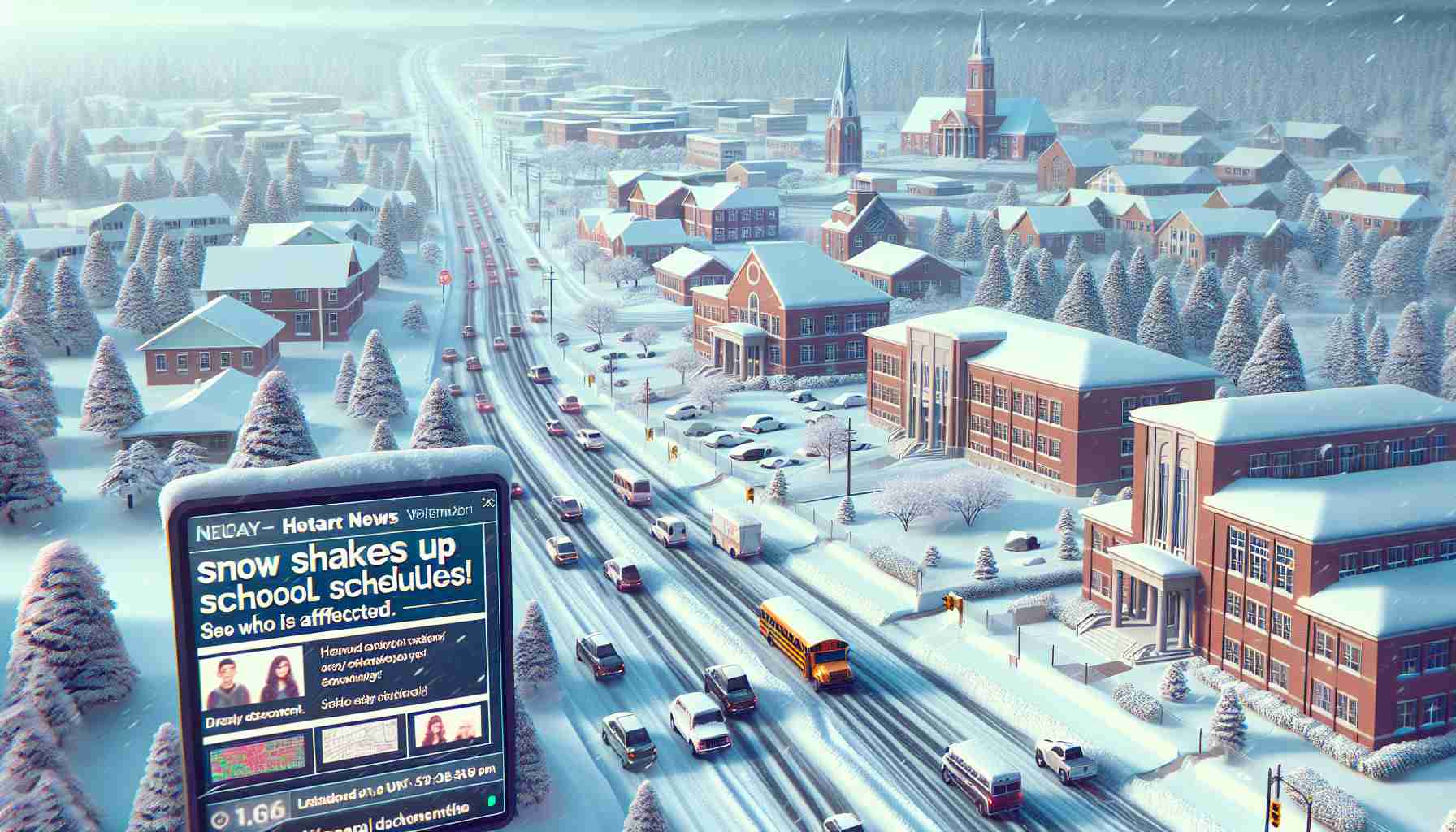 Create a hyper-realistic image that showcases a story about a heavy snowfall disrupting school schedules. The scene should have an overview of a snow-covered town with multiple schools. The roads should be blanketed with snow, causing difficulty in transportation. Additionally, include a digital news banner or tickertape at the bottom of the image that reads 'Snow Shakes Up School Schedules! See Who Is Affected.'