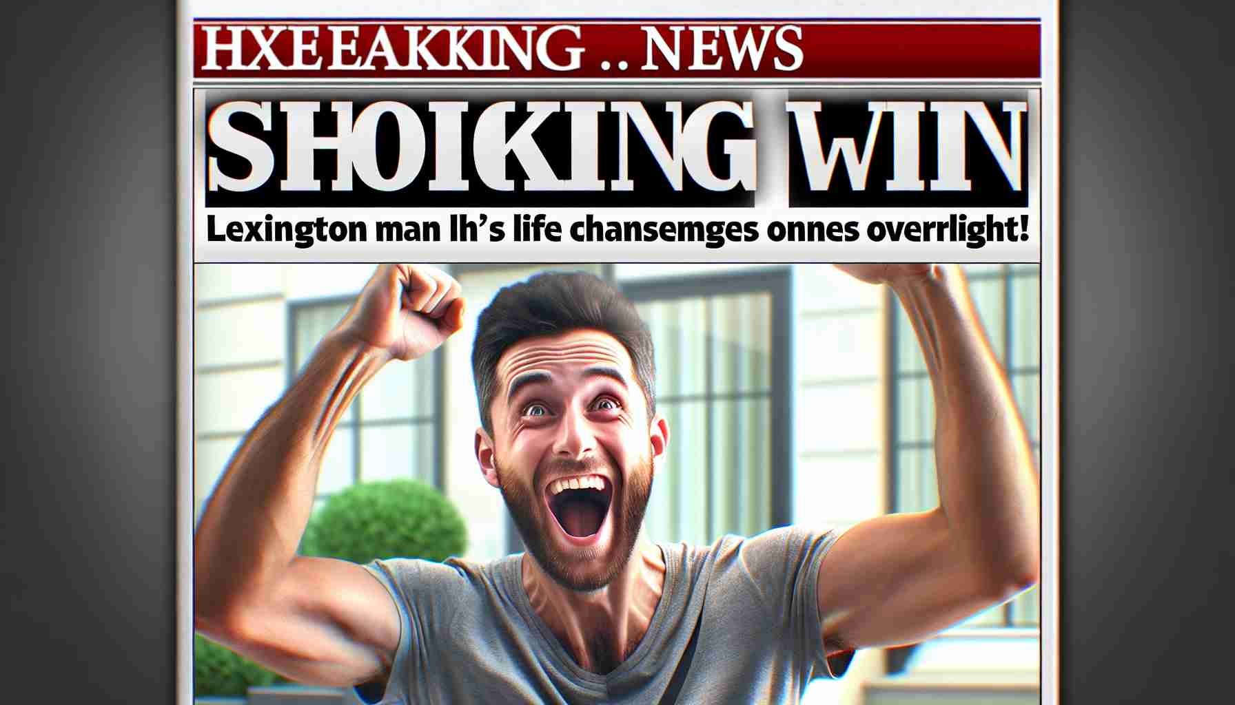 A realistic HD photo capturing the moment of a stunning victory. A man from Lexington with an expression of disbelief and happiness on his face after his life changes overnight. There's headline text at the top, saying 'Shocking Win: Lexington Man’s Life Changes Overnight!' and his joyful posture suggests he's celebrating an unexpected triumph.