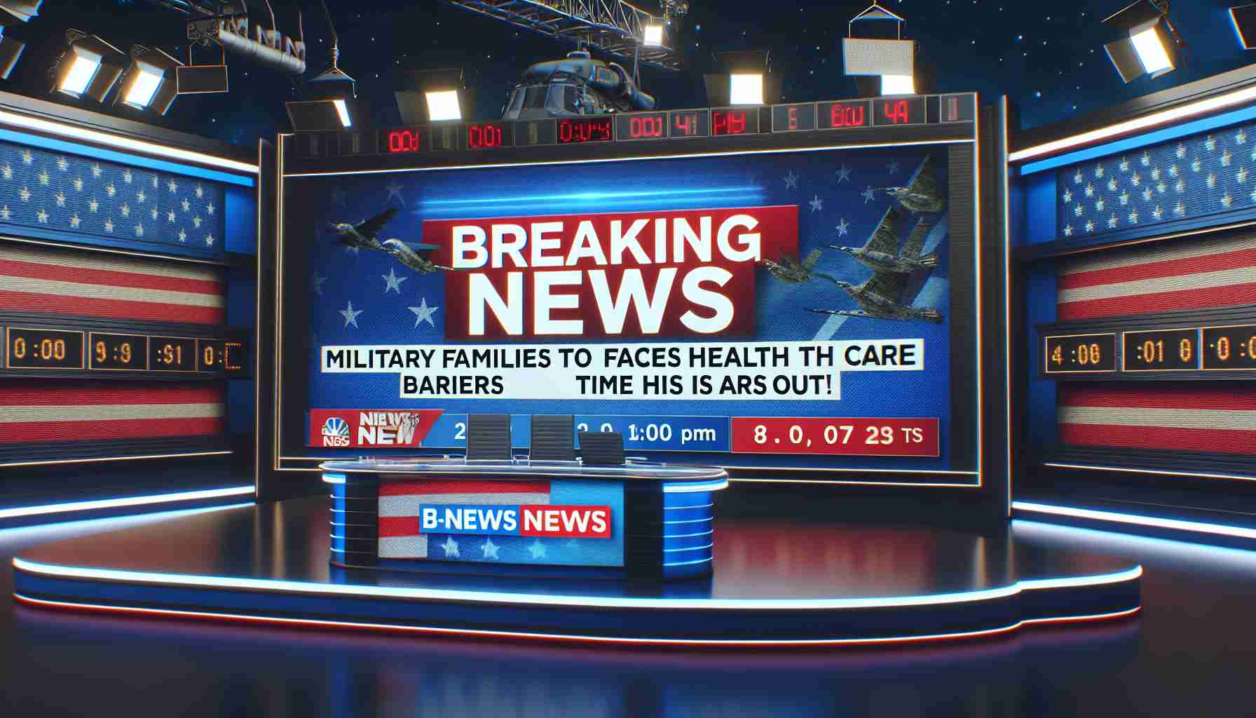 High resolution real-life image displaying the headline 'Breaking News: Military Families to Face New Health Care Barriers! Time is Running Out!' on a news channel backdrop. The backdrop should also have elements like a rolling tickers, time stamp and channel logo.