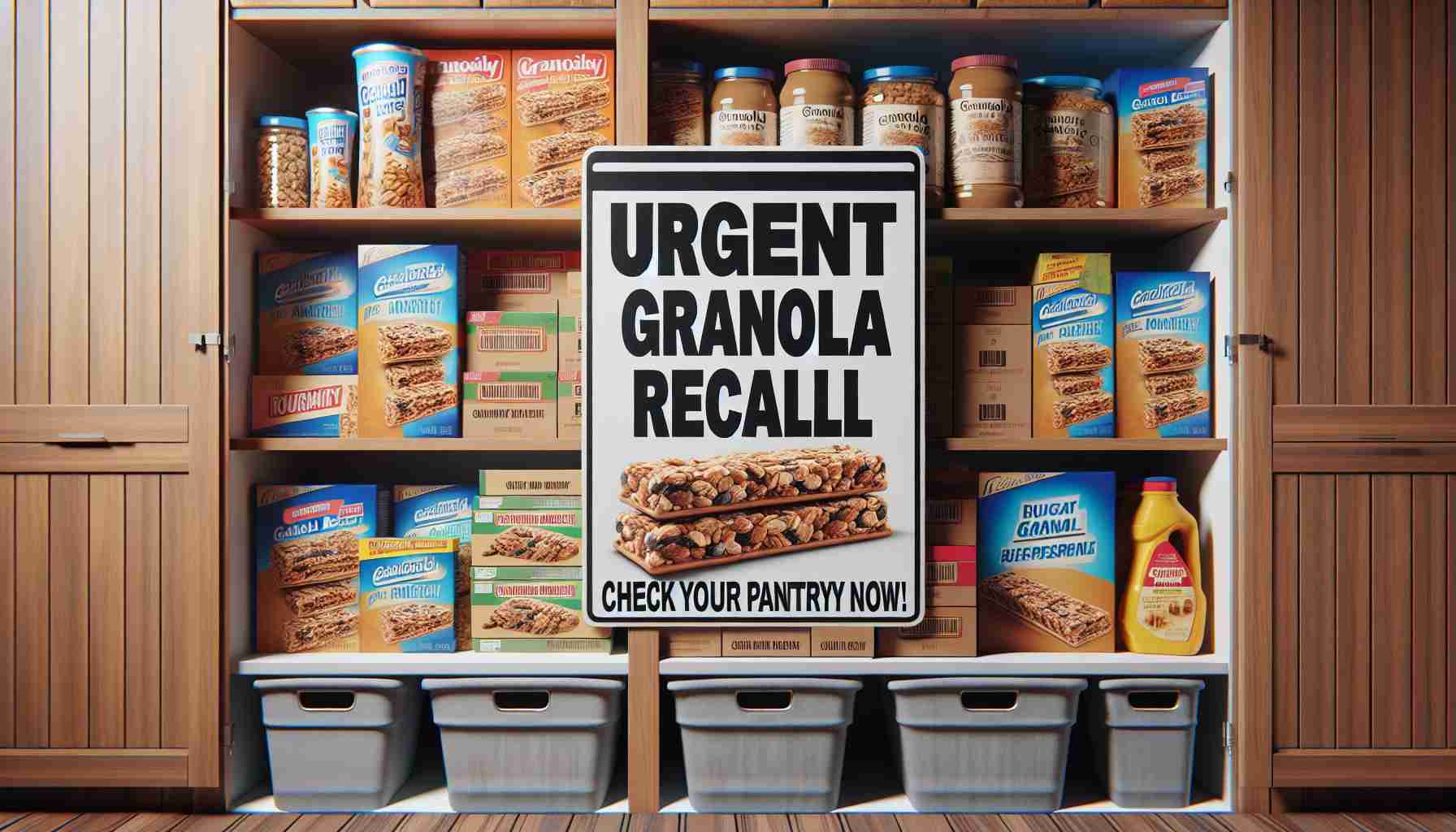 High-definition and realistic image depicting an 'Urgent Granola Bar Recall'. The scene includes a pantry filled with various food items including granola bars. There's a large emphatic warning sign that says 'Check Your Pantry Now!'. The granola bars are particularly highlighted to draw attention. The overall ambience is suggestive of urgency and caution.