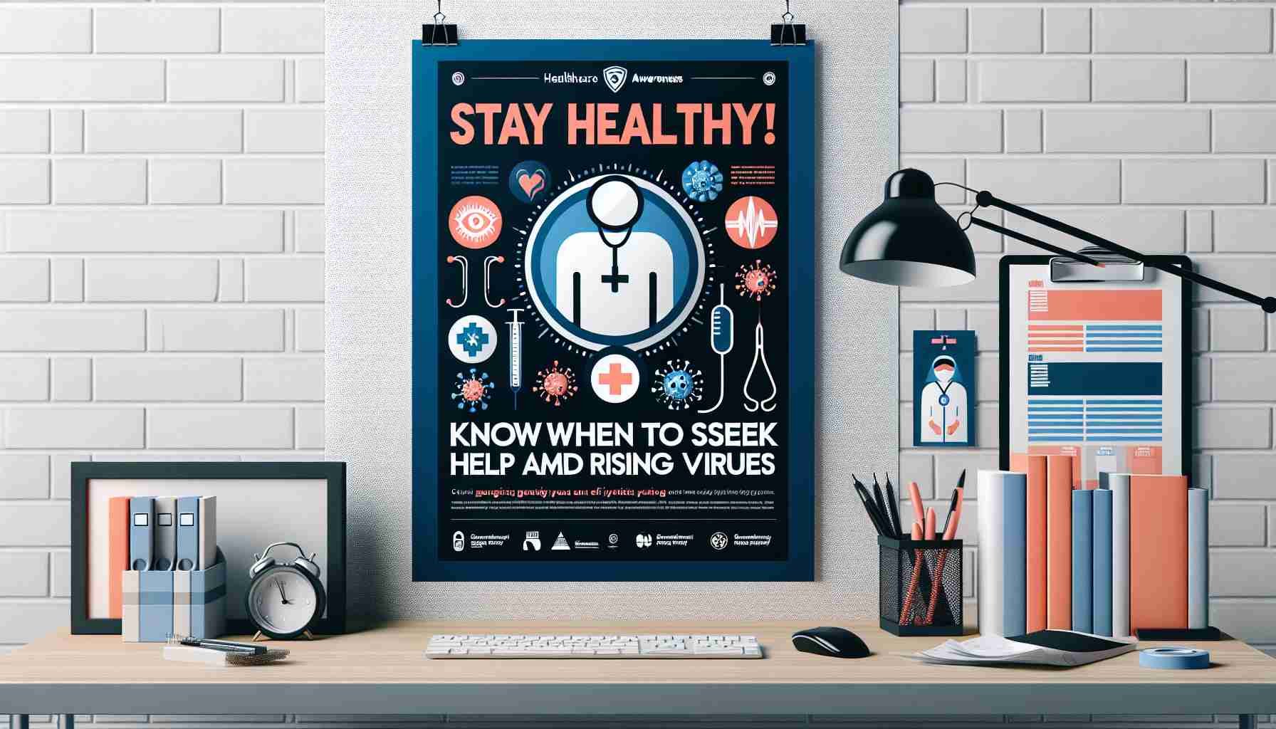 Generate a realistic HD photo of a healthcare awareness poster that promotes the message 'Stay Healthy! Know When to Seek Help Amid Rising Viruses'. Include clear typography, clean design and relevant healthcare symbols.