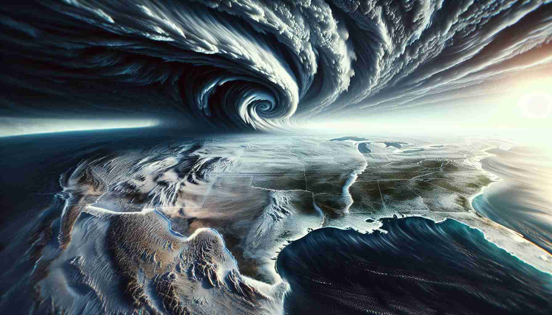 A highly detailed and realistic image depicting a severe incoming weather phenomenon, commonly known as a polar vortex, heading towards the region of Texas. The scene should include the state's distinctive landscape in view, with ominous, swirling clouds appearing over the horizon. The image should be designed to convey a sense of urgency and impending impact. Please include visual representation of frosty cold winds sweeping across the vast plains.