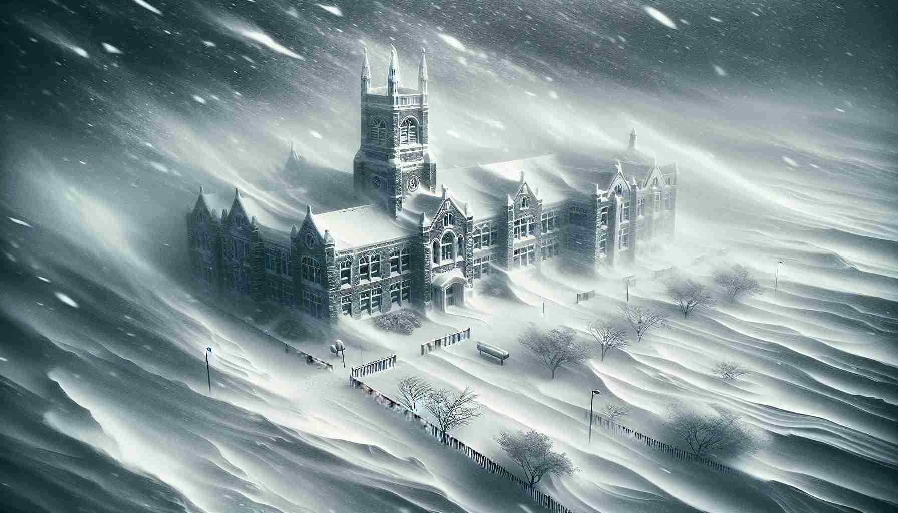 Ultra-realistic high-definition image of a significant winter event. Depict a strong snowstorm unfolding, with heavy snowfall and gusty winds making it almost impossible to see anything clearly at a distance. A school, surrounded by this harsh weather, has its doors and windows closed in response to the situation. The school grounds should be visibly covered in thick layers of snow, making normal activities impossible. Include details such as swirling snowflakes, a grim grey sky, and the ethereal beauty of a winter landscape in the midst of chaos.