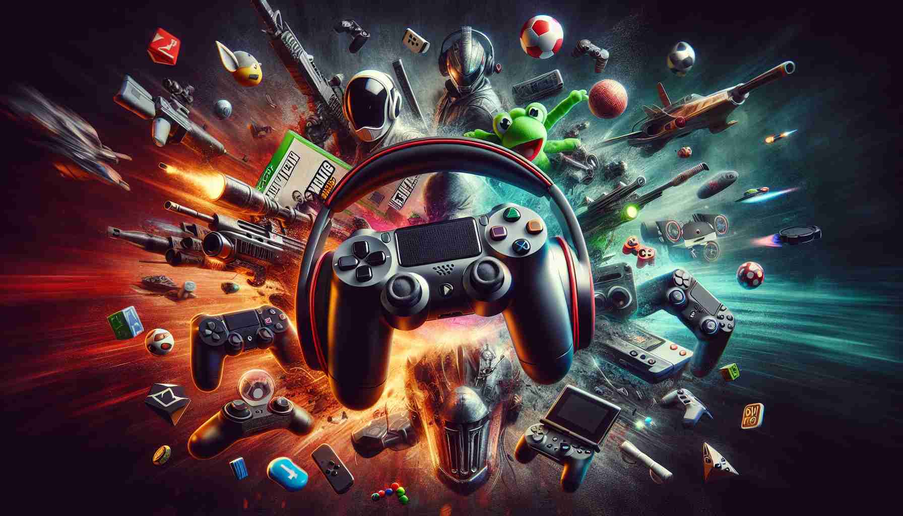 Create a high-definition realistic image featuring prominent video game themes, representative of the top-rated video games of the month. The mood of the image depicts excitement and urgency, indicating a sentiment of 'Don't Miss Out' on these trending games. The image may include game controllers, themed headsets, and game logo mock-ups but doesn't directly suggest any copyrighted characters or specific games.