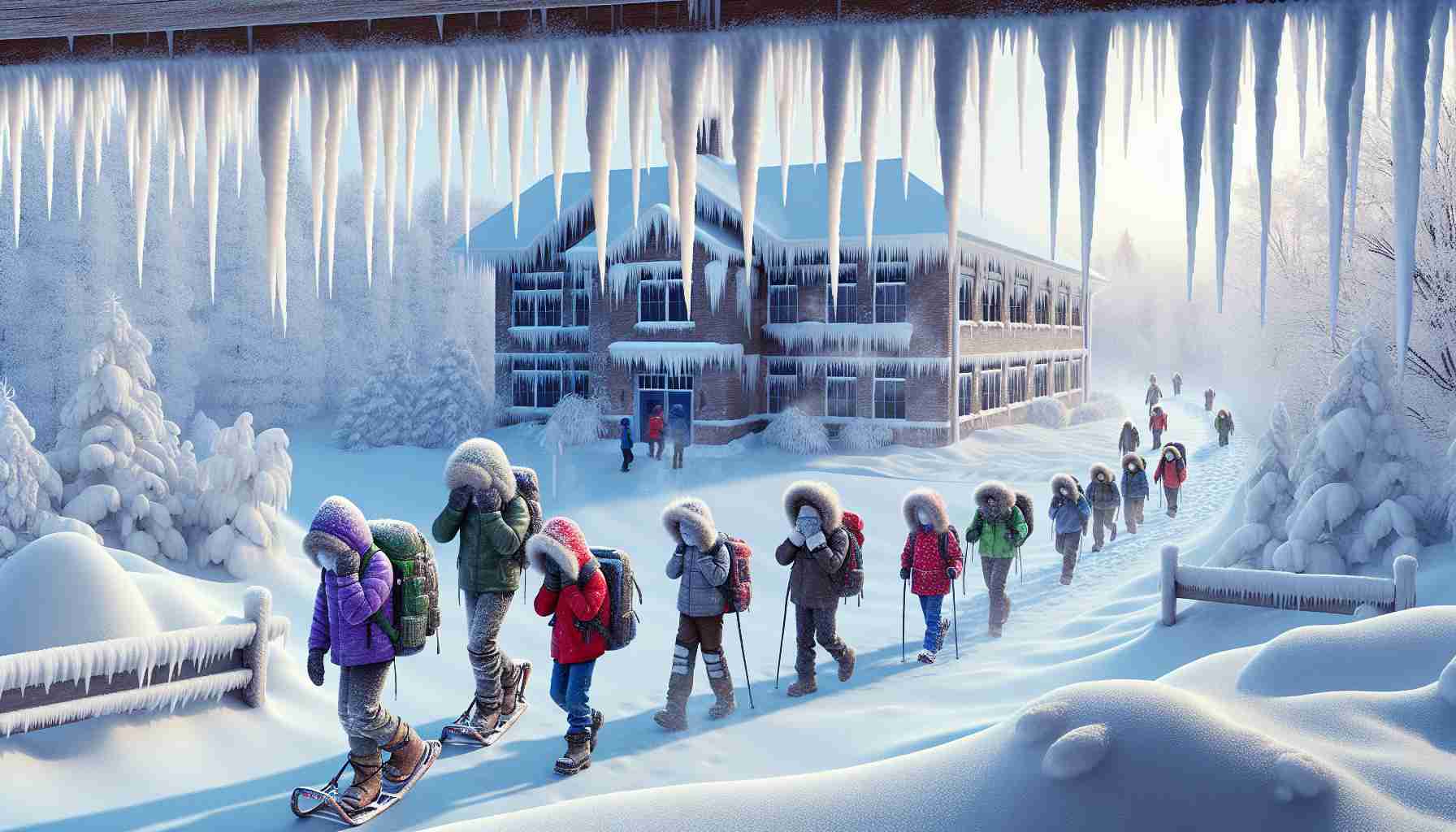 High Definition realistic image representing a school environment disrupted by extreme cold. It presents a scene where the intense chill has taken over the area, visible icicles hanging from the rooftop, covering the landscape with white frost and snow. Despite this, people must continue their routine, visible by the bundled up kids bravely moving towards the school building in heavy winter gear, snowshoes, and mittens. A clear view of their breath being seen as they exhale in the cold air.