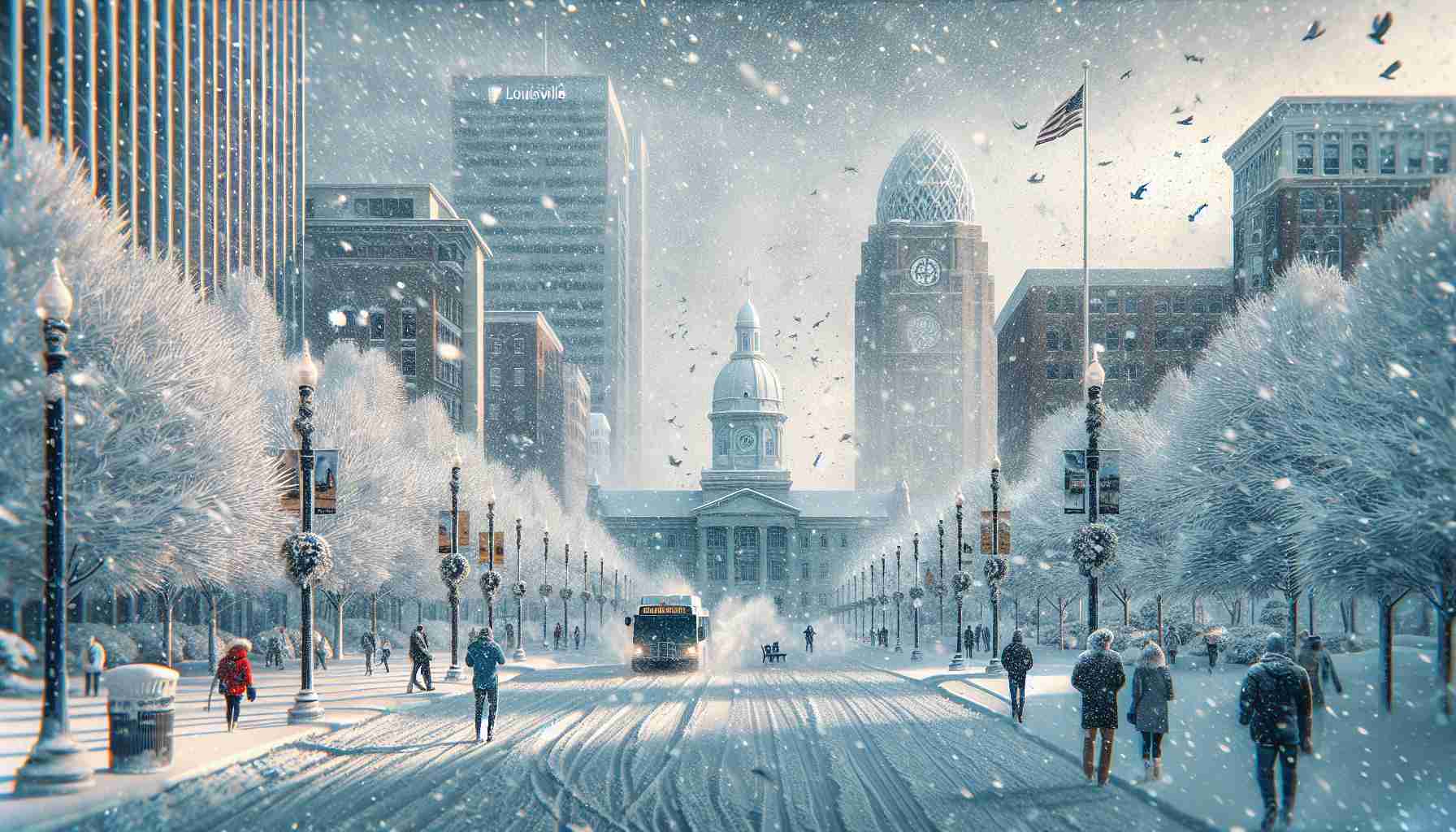 Generate a high-definition, photorealistic image of a wintery scene in Louisville. The city is preparing for an incoming snowstorm. Details to incorporate include snow-covered streets, bundled-up citizens on sidewalks, trees laden with snow, and flurry-filled skies. Some buildings and city landmarks can be visible in the background to emphasize the location.