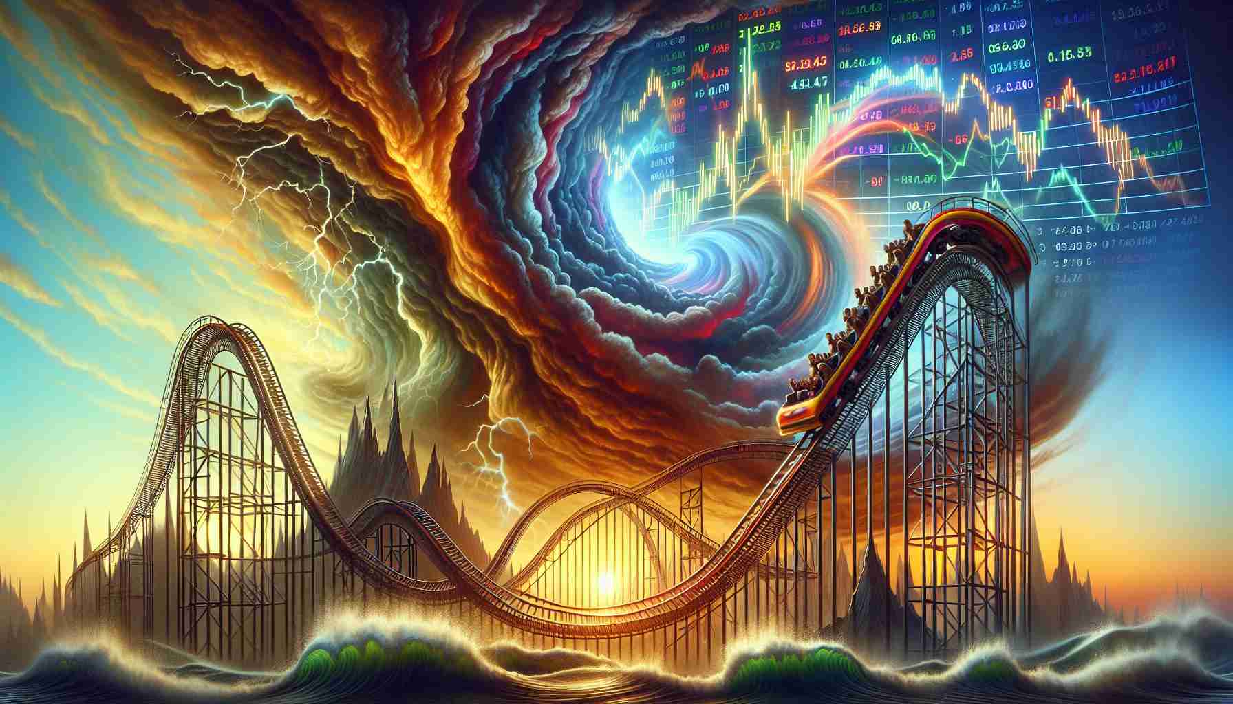 Generate a realistically detailed HD image. Visualize the concept of Bitcoin's turbulent journey represented as a roller coaster surrounded by a blend of stormy and calm skyscapes. Add a traditional stock market ticker displaying lows and highs overhead, symbolizing political changes. These components should embody the turbulence and uncertainty of the Bitcoin market in various political milieu. The representation of political changes should be abstract and should not include any distinguishable public figures or politicians.