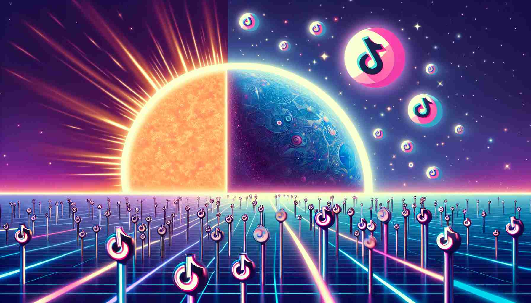 Illustration of a metaphor signaling the change in social media landscape: a large, sun-like logo of TikToK, previously dominant, is setting on the horizon. On the other side, multiple smaller planets with new, abstract logos are rising, symbolizing newcomers in the industry. The scene unfolds in an expanse of cyberspace characterized by neon blues and purples.