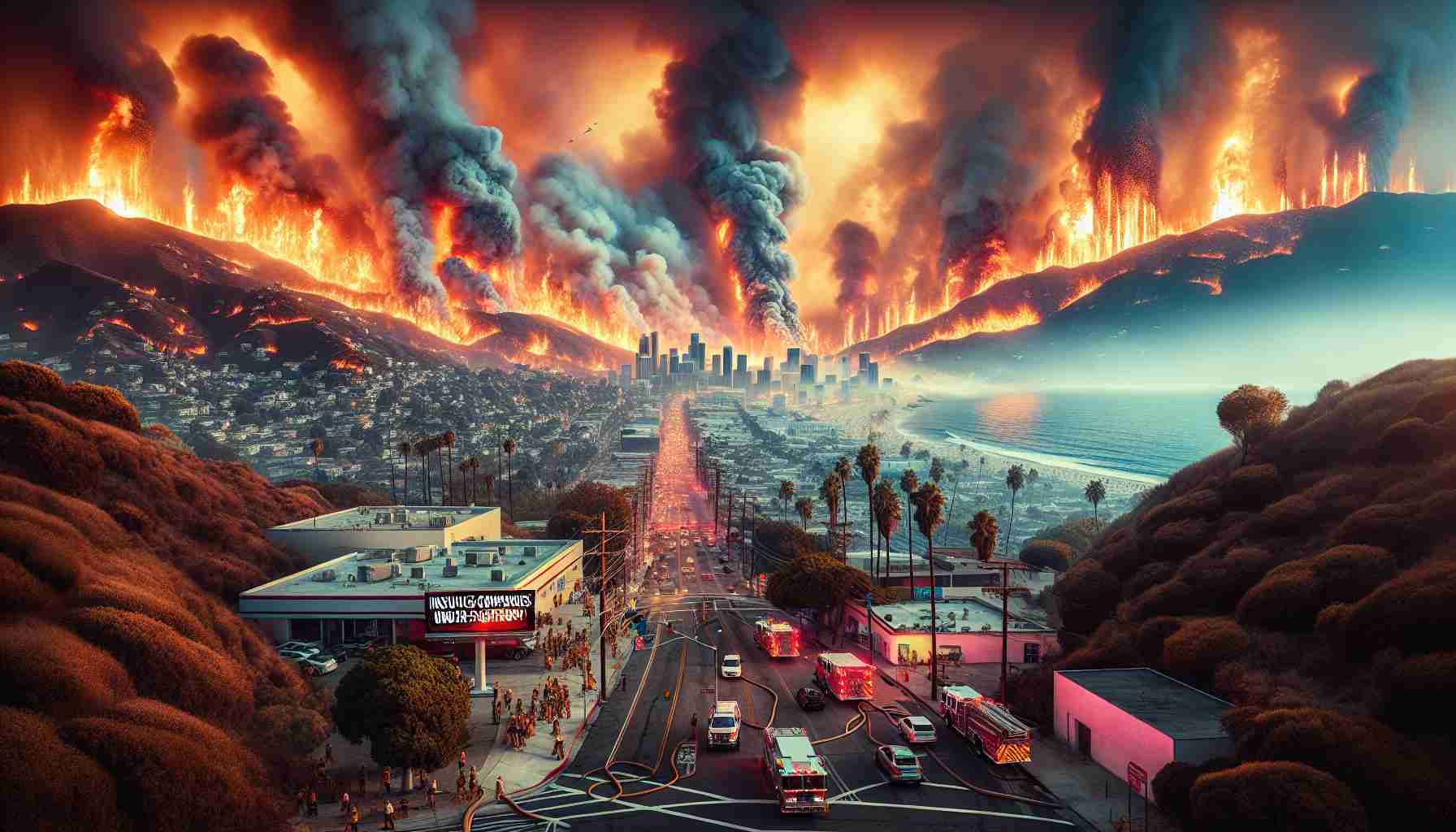 Generate a high-definition, hyperrealistic image showcasing the devastation caused by wildfires consuming a major cityscape, surrounded by hills and the ocean. Intense flames can be seen in the background, with a thick blanket of smoke is enveloping the sky. In the foreground, you can see people and fire trucks attempting to bring the situation under control. A signboard on the side reads 'Insurance Companies under scrutiny!'.