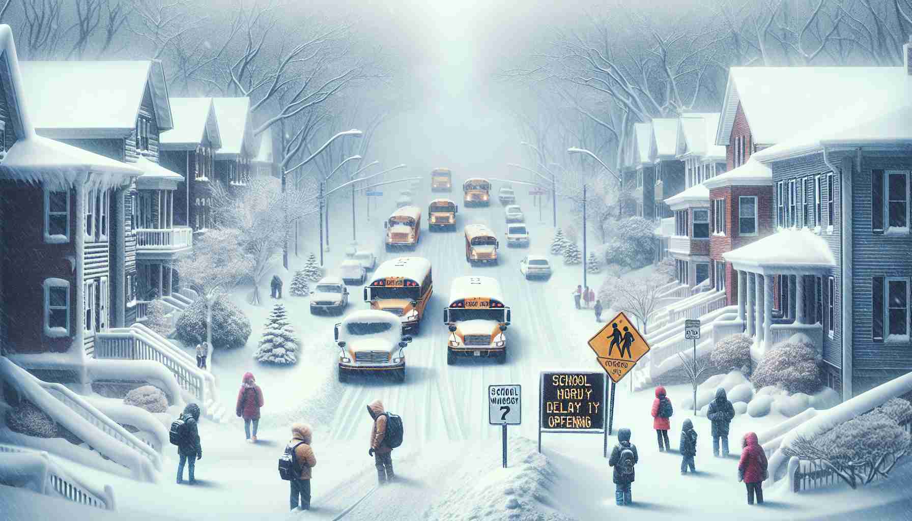 Generate a realistic HD photo illustrating an extremely cold and snowy day in New Jersey with signs of disruption. Include school buses halted on snowy streets, school signs indicating a delay in opening, and people bundled up in heavy winter attire trying to cope with the harsh weather. Let the image also depict residential and school areas blanketed in snow, along with icy roads, demonstrating the challenging conditions.