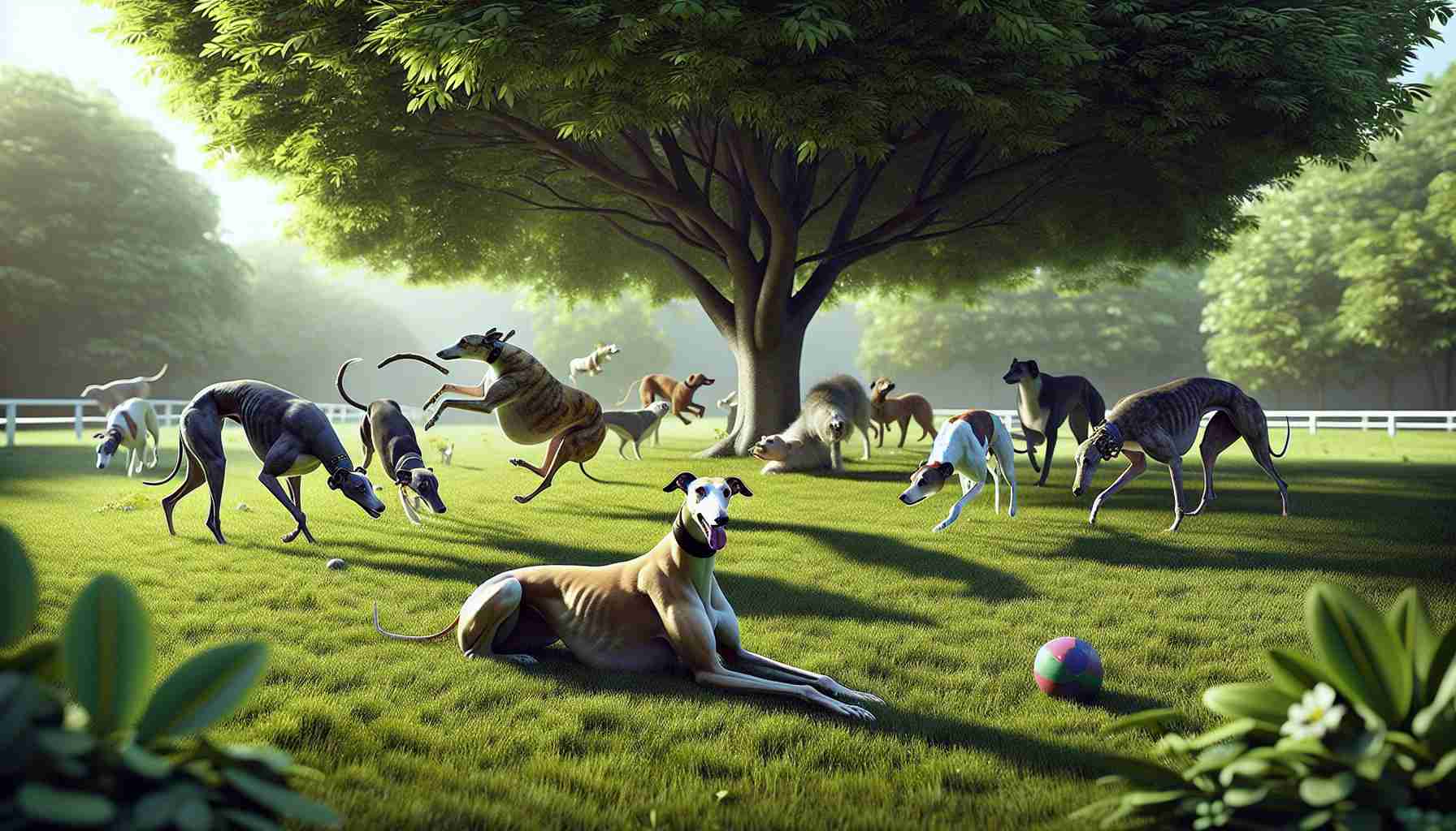 A high-definition, realistic image portraying greyhounds in a setting beyond their typical racing context. One greyhound in the foreground is seen engaging in a playful activity, such as chasing a ball or frisbee in a lush green park. Another one can be observed resting under a shady tree with a relaxed posture, while a third greyhound is interacting peacefully with a diverse mixture of other dog breeds, illustrating their sociable nature. The scene subtly contradicts the stereotype that greyhounds are solely athletes and showcases their potential as playful, loving, and sociable pets.